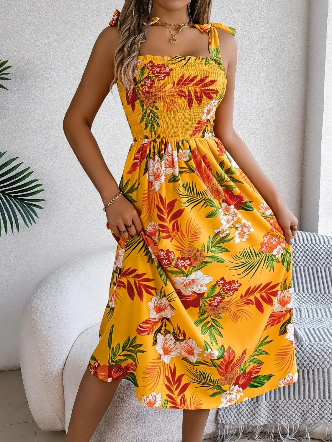 Smocked Floral Tie Shoulder Midi Dress – Trendsi | ClozArt