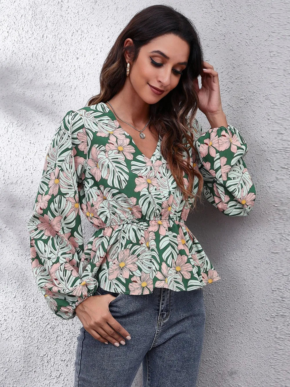 Floral V-Neck Balloon Sleeve Peplum Blouse – Trendsi | ClozArt