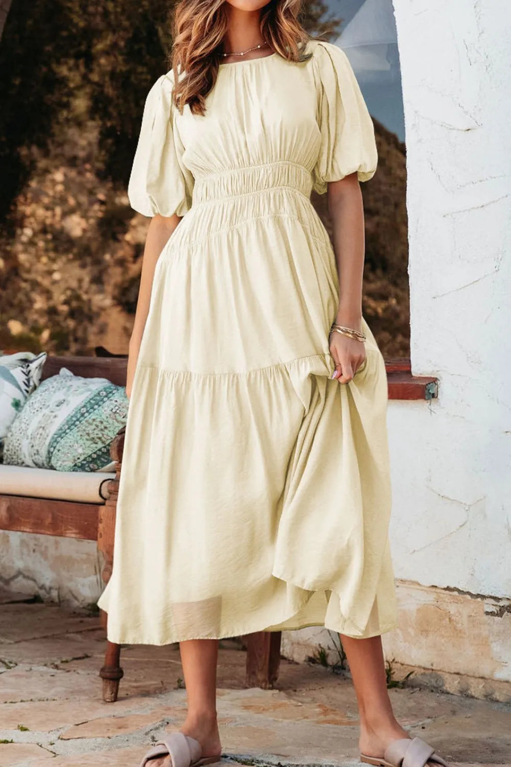 Puff Sleeve Pleated High Waist Flowy Midi Dress – Trendsi | ClozArt