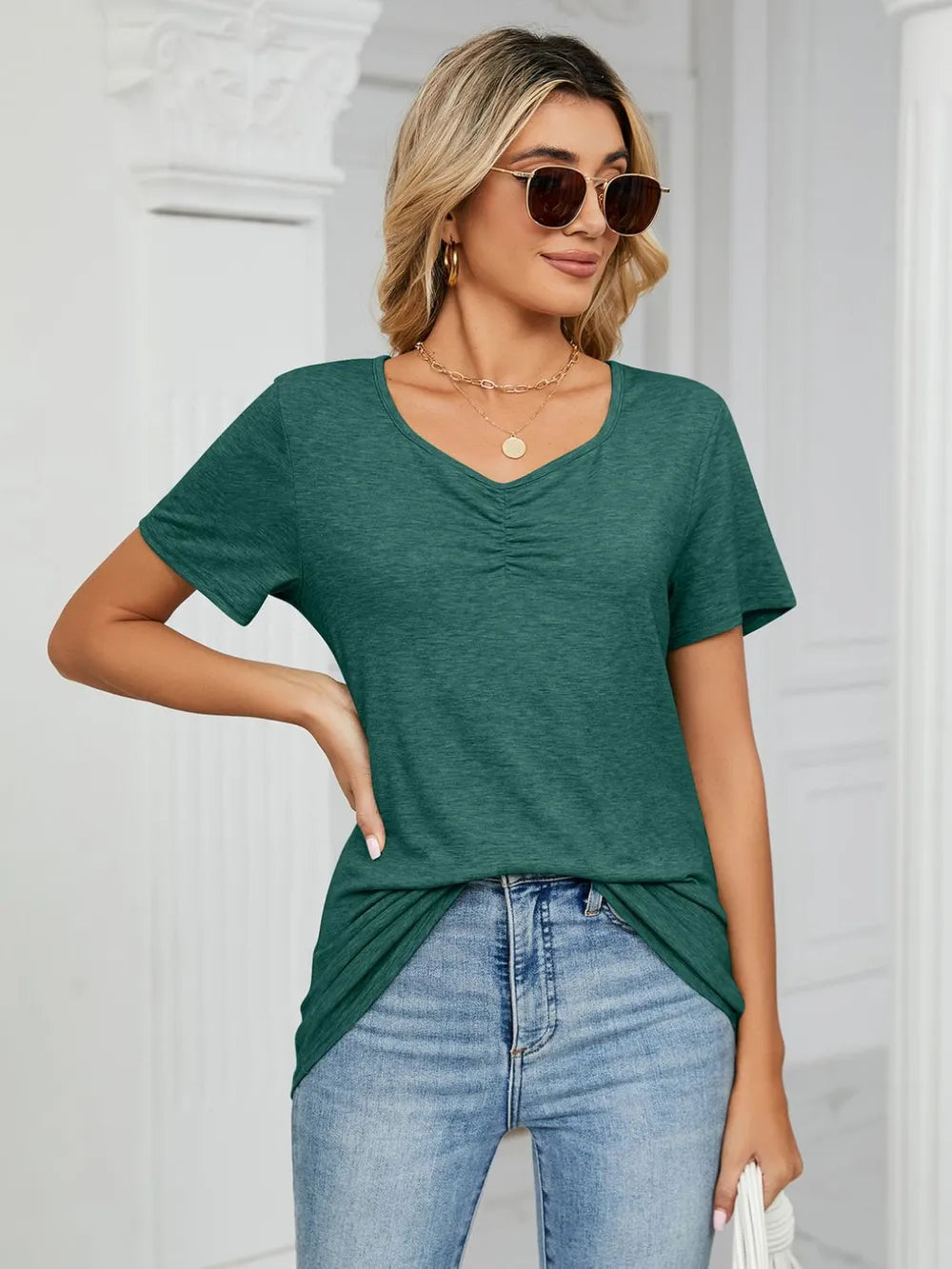 Ruched V-Neck Short Sleeve T-Shirt – Trendsi | ClozArt
