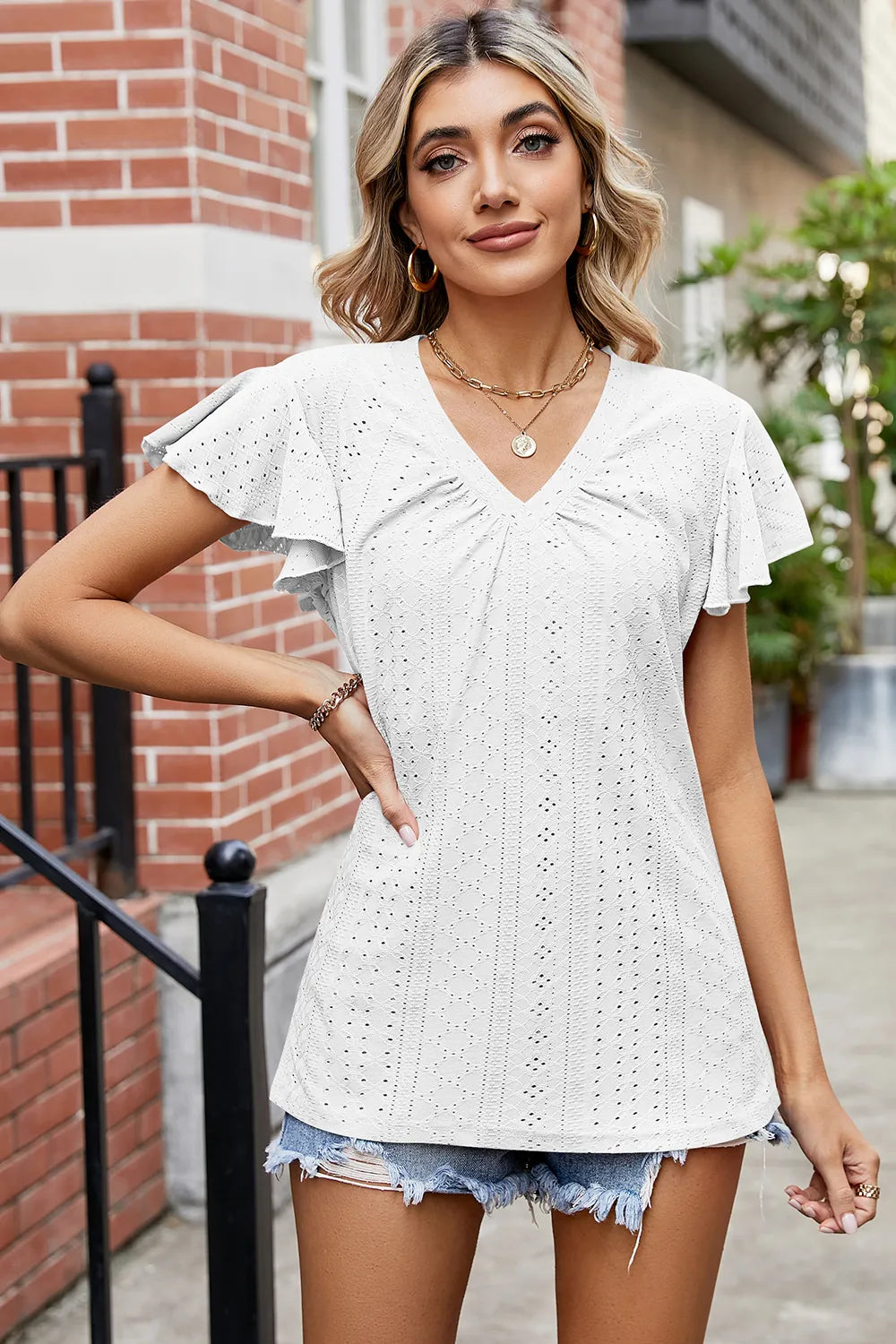 Eyelet V-Neck Flutter Sleeve T-Shirt – Trendsi | ClozArt