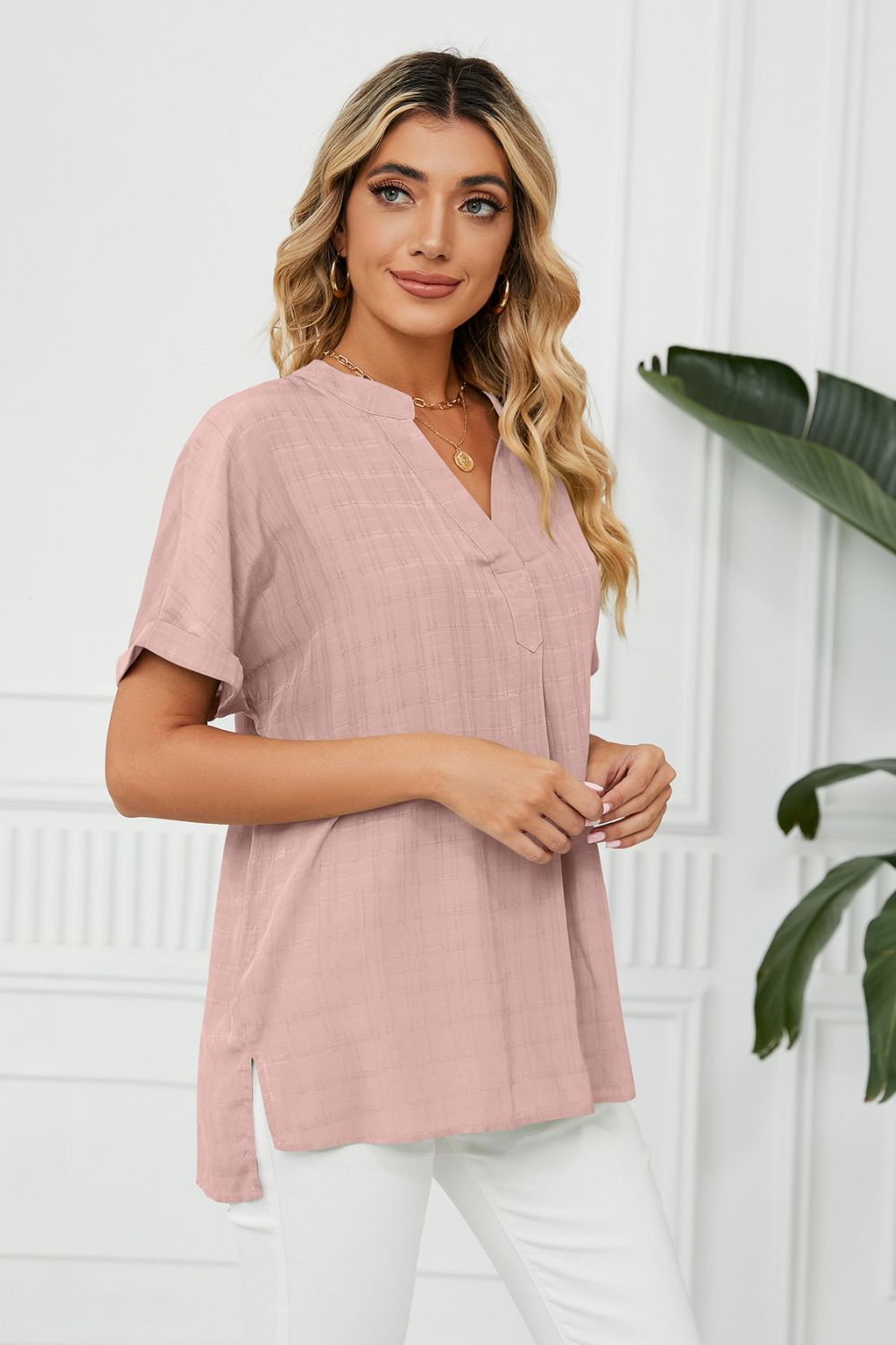 Side Slit Notched Neck Cuffed Short Sleeve Blouse – Trendsi | ClozArt