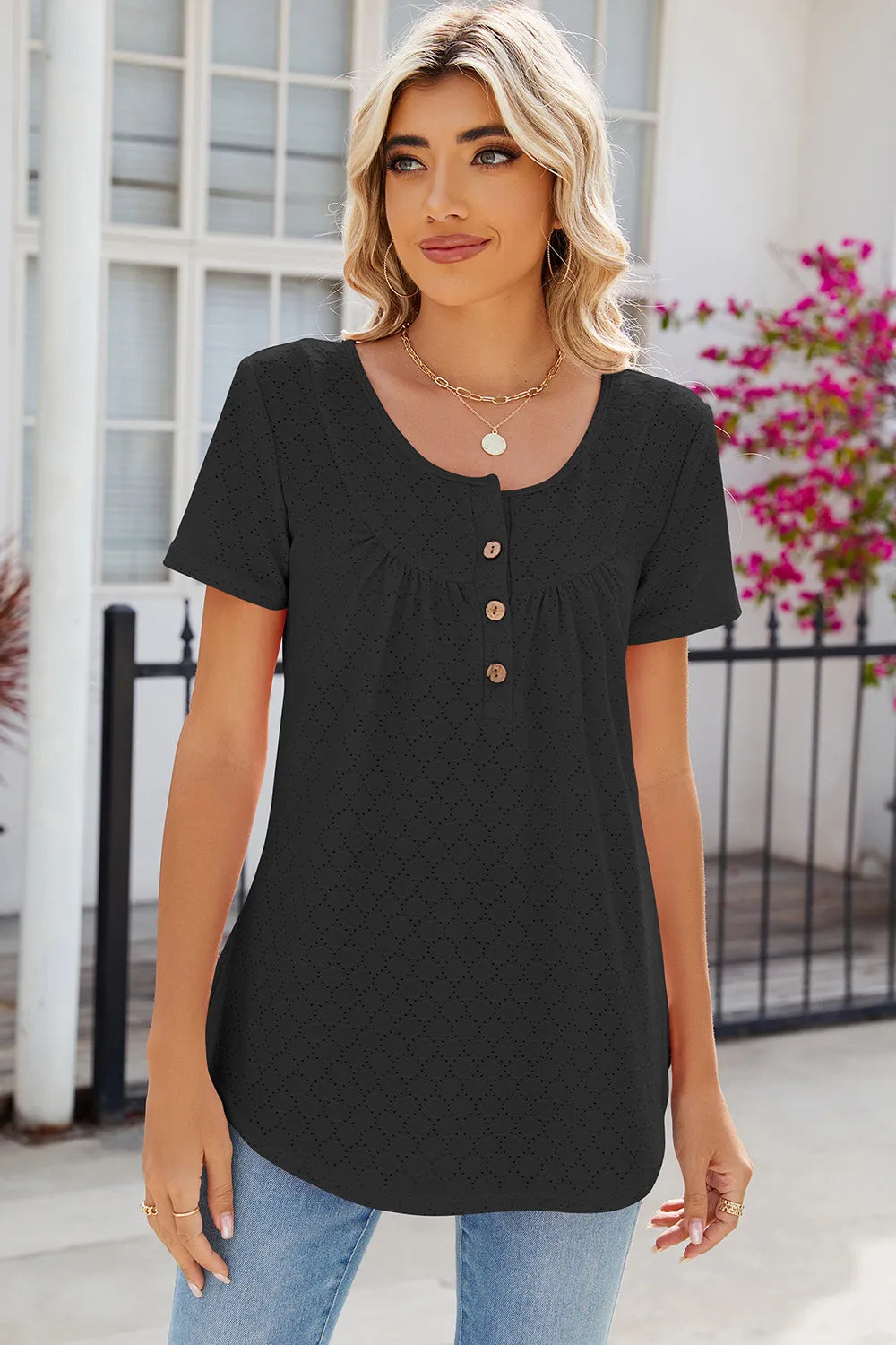 Eyelet Quarter Button Short Sleeve T-Shirt – Trendsi | ClozArt