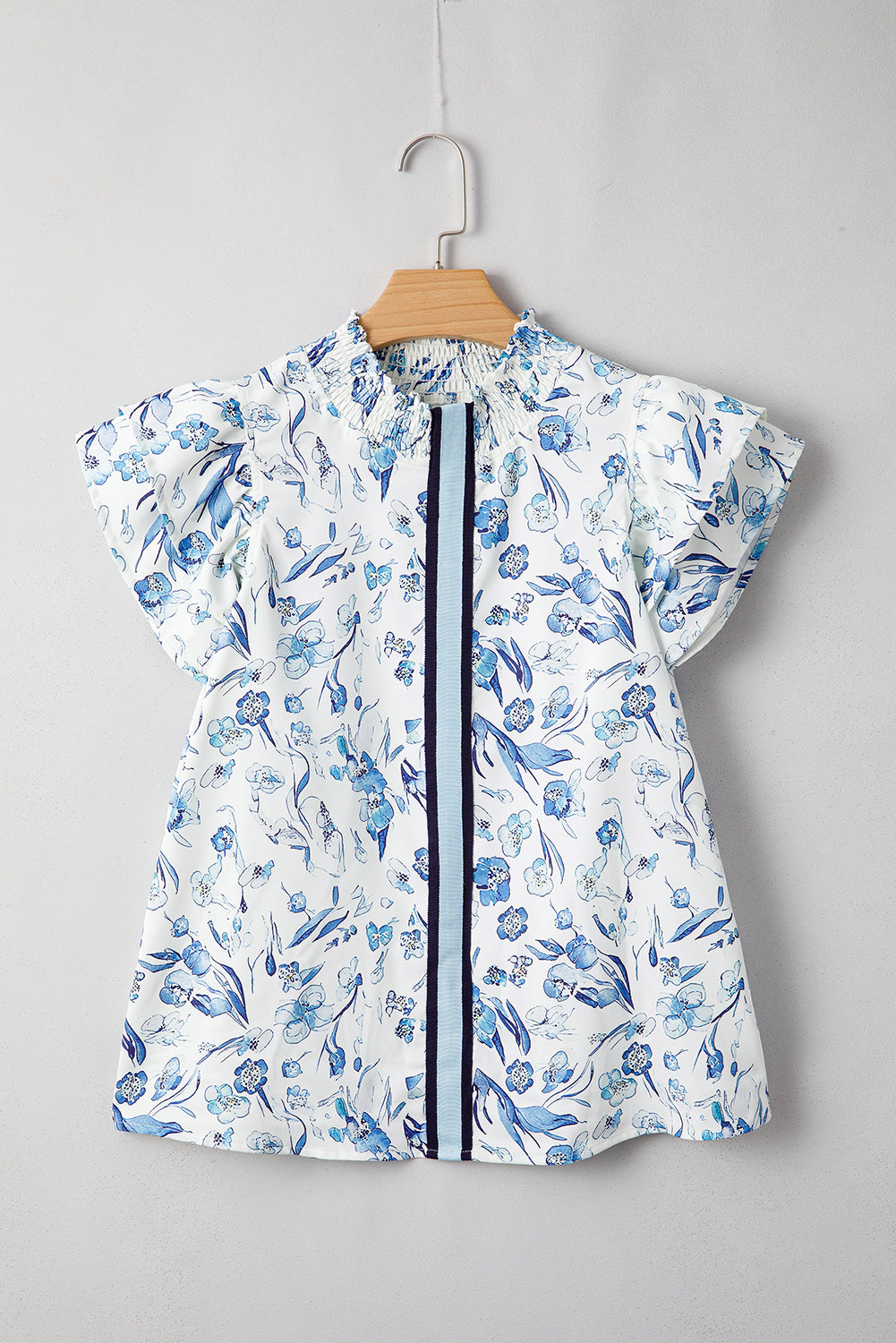 Sky Blue Ruffle Short Sleeve Floral Print Pop of Color Neckline Blouse – Shewin | ClozArt