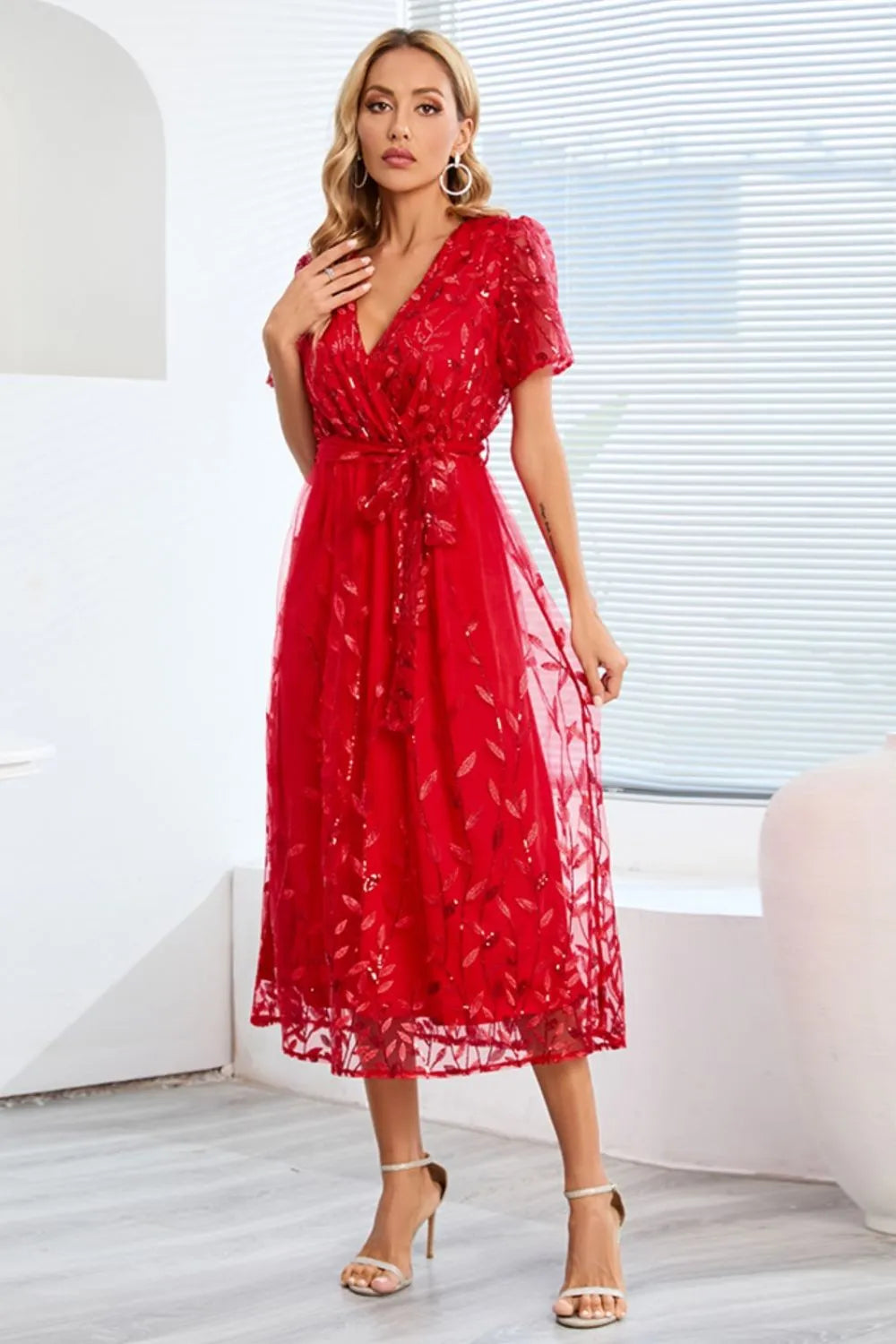 Sequin Leaf Embroidery Tie Front Short Sleeve Dress – Trendsi | ClozArt