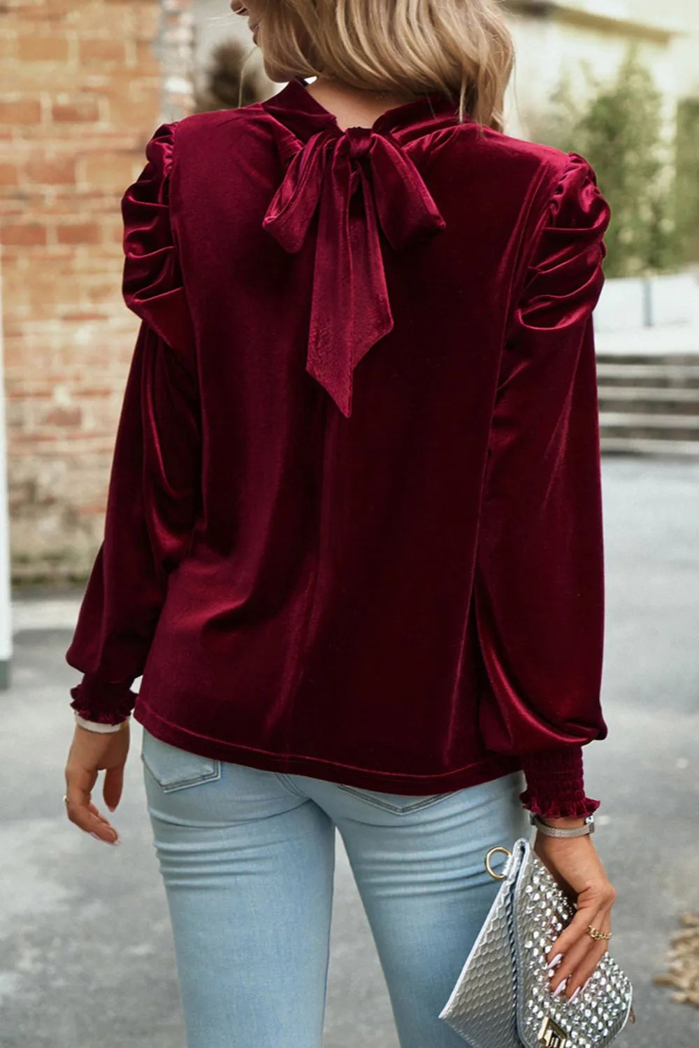 Tie Up Mock Neck Velvet Fabric Long Sleeve Blouse – Trendsi | ClozArt