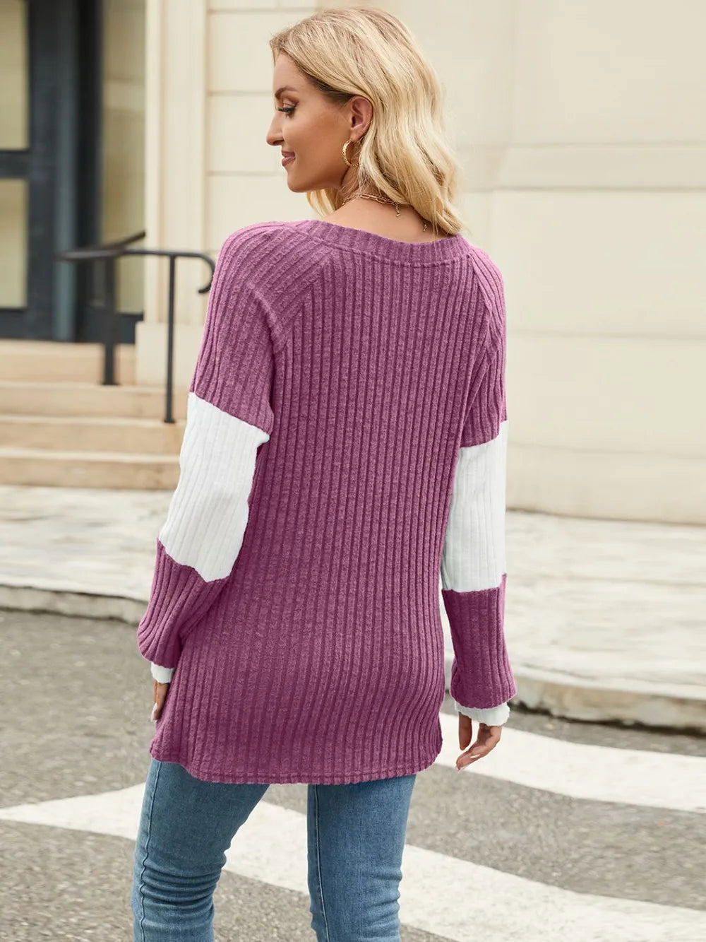Color Block V-Neck Long Sleeve T-Shirt – Trendsi | ClozArt