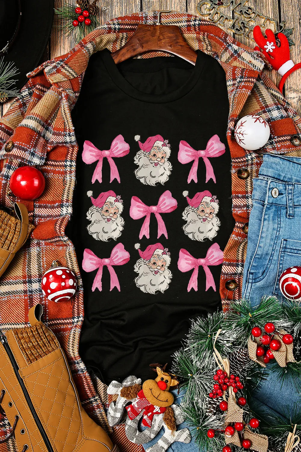 Santa & Bow Graphic Round Neck Short Sleeve T-Shirt – Trendsi | ClozArt