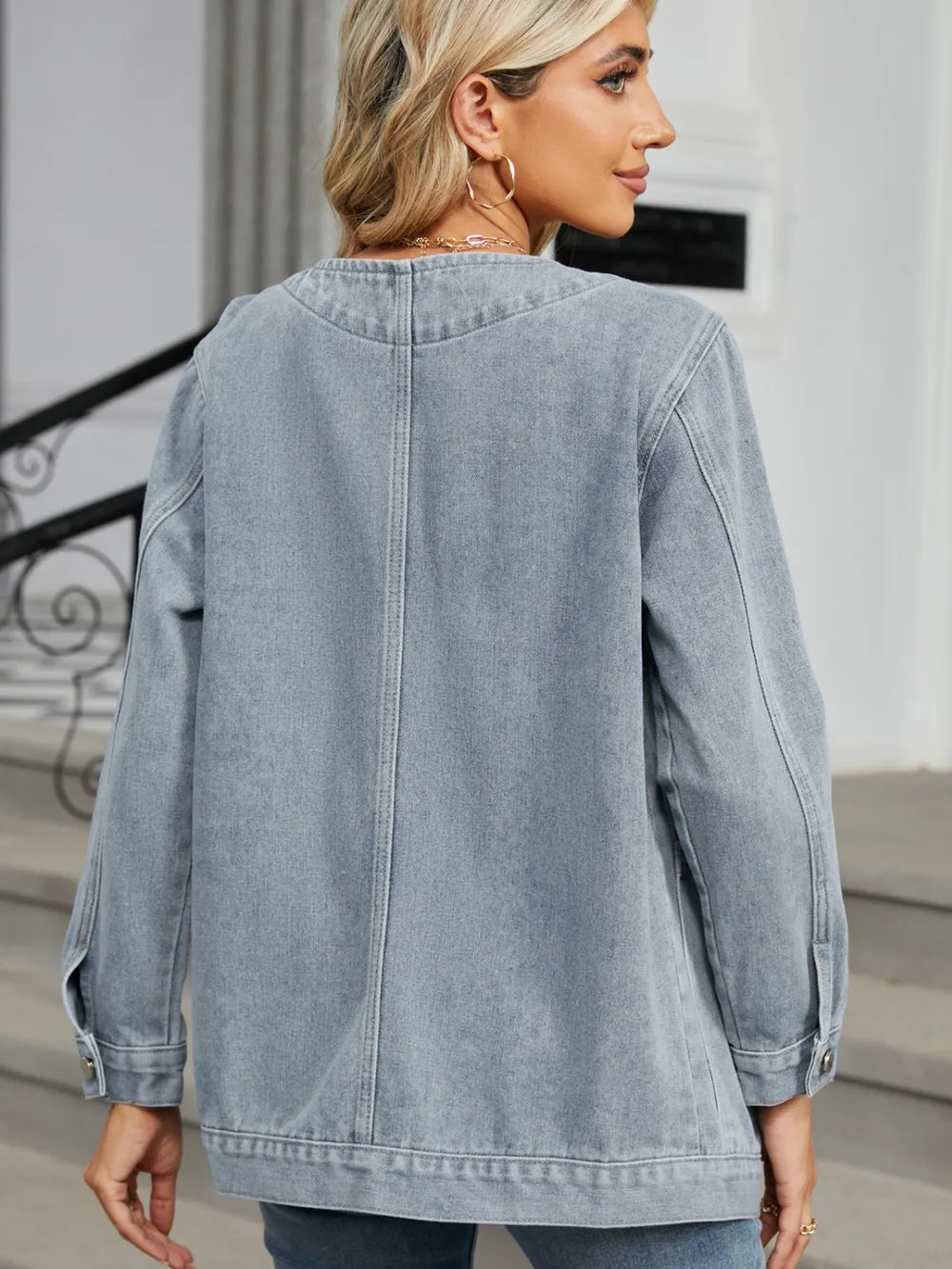 Pocketed V-Neck Button Up Denim Jacket – Trendsi | ClozArt