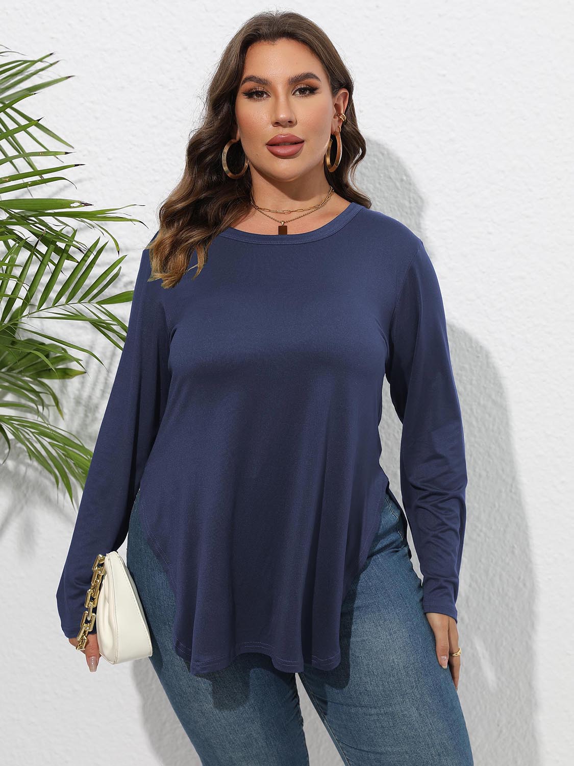 Plus Size Round Neck Long Sleeve Slit T-Shirt – Trendsi | ClozArt