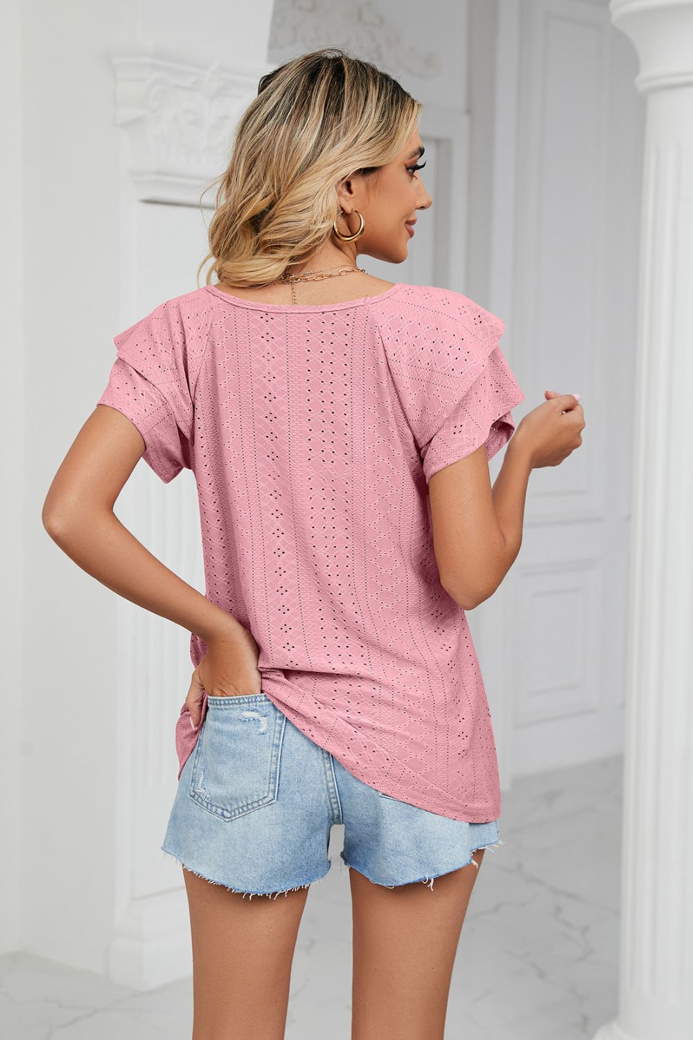 Eyelet Layered Flutter Sleeve V-Neck Knit Top – Trendsi | ClozArt