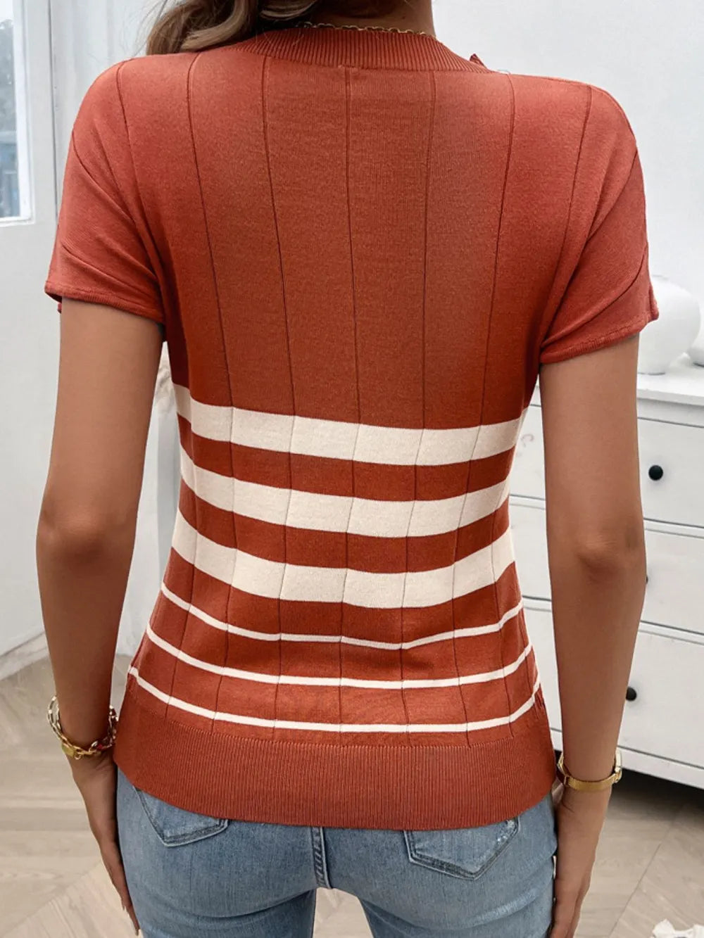 Devine Striped Round Neck Short Sleeve Knit Top – Trendsi | ClozArt