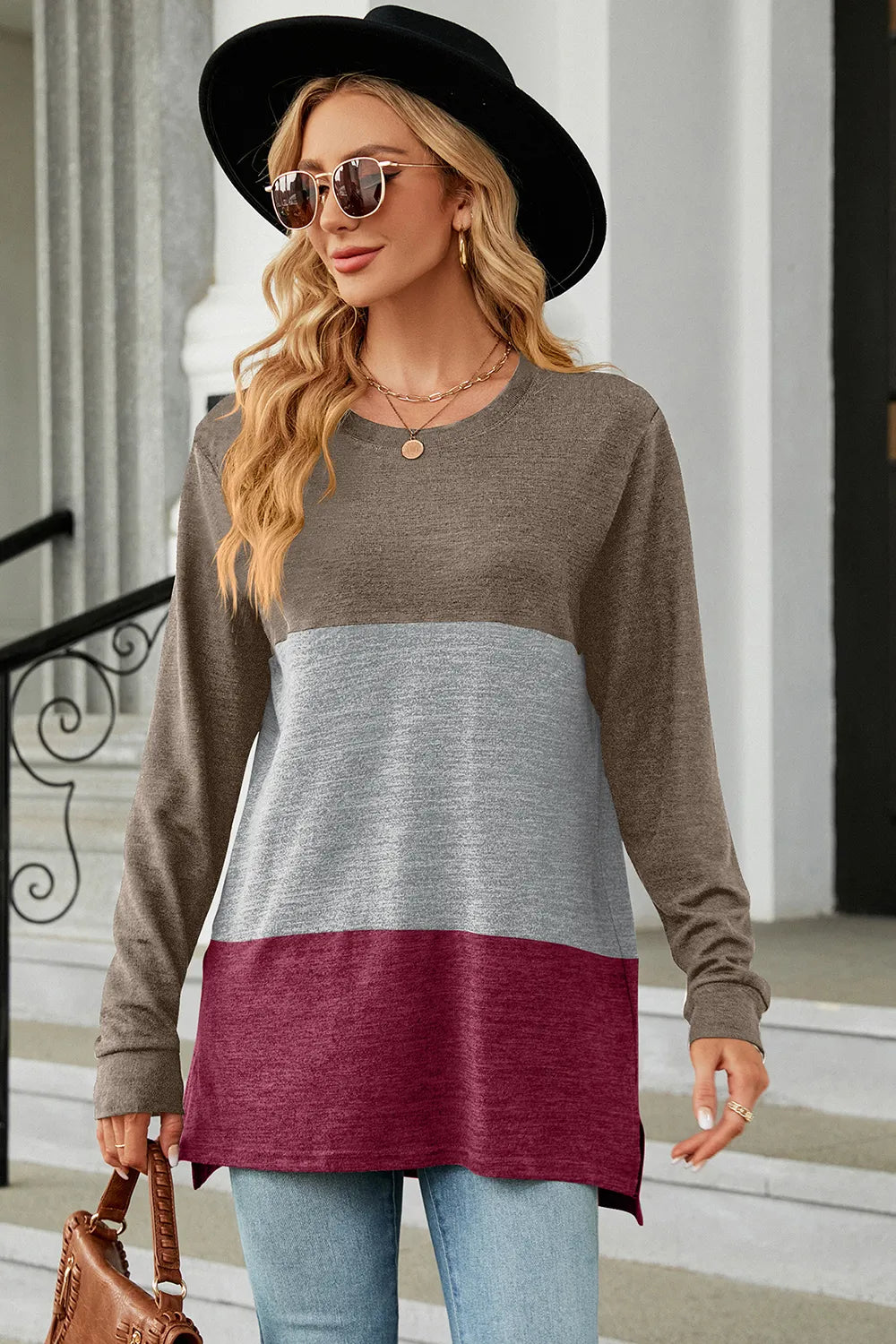 Color Block Round Neck Long Sleeve T-Shirt – Trendsi | ClozArt