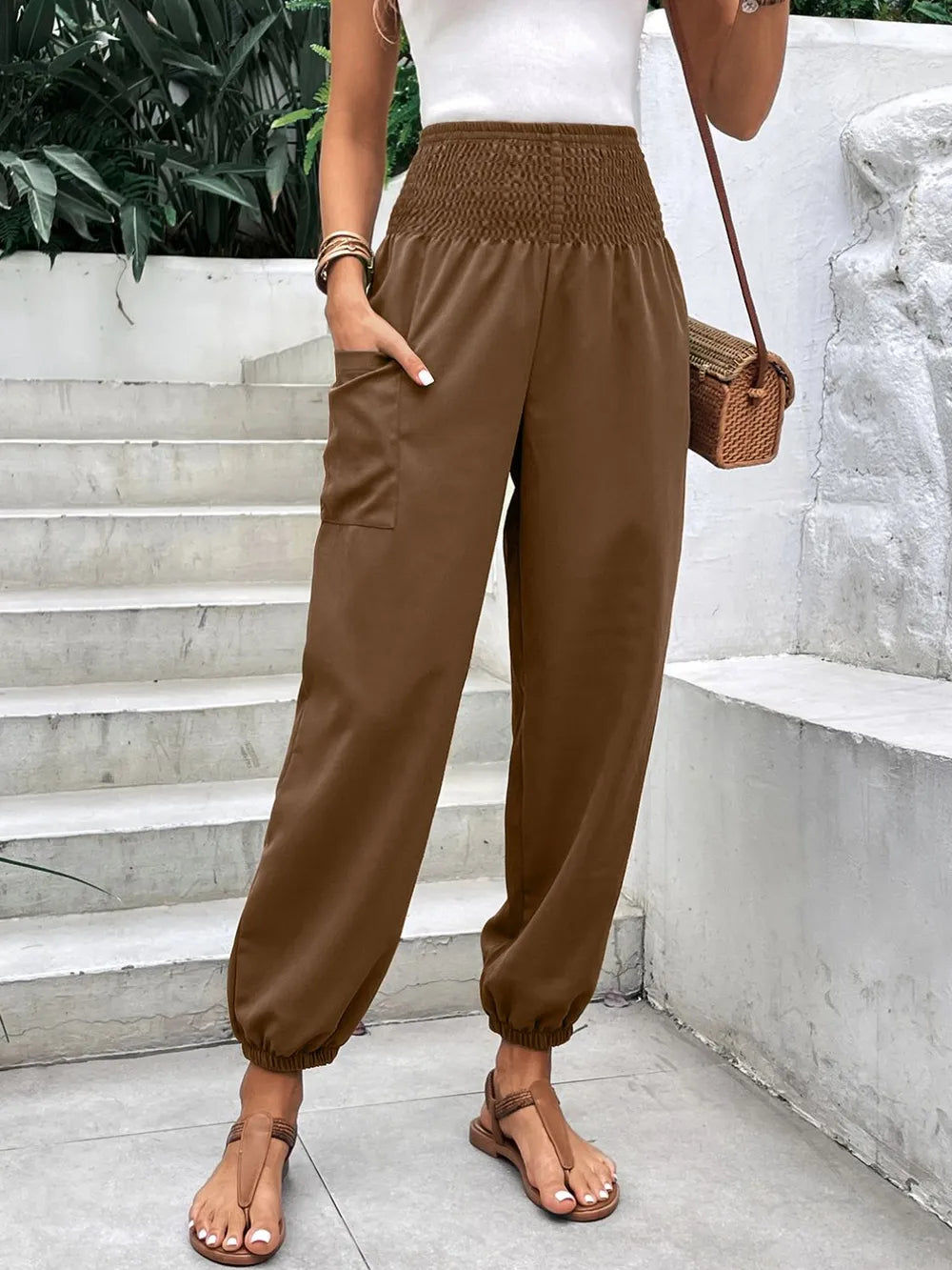 Smocked High Rise Joggers with Pockets – Trendsi | ClozArt