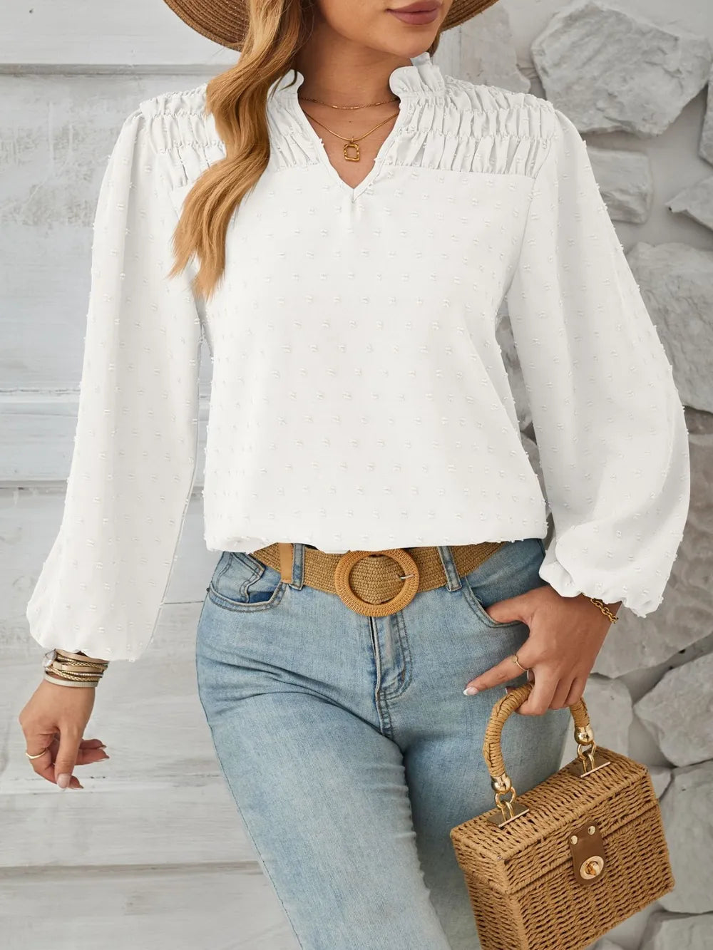 Ruched Swiss Dot Notched Balloon Sleeve T-Shirt – Trendsi | ClozArt