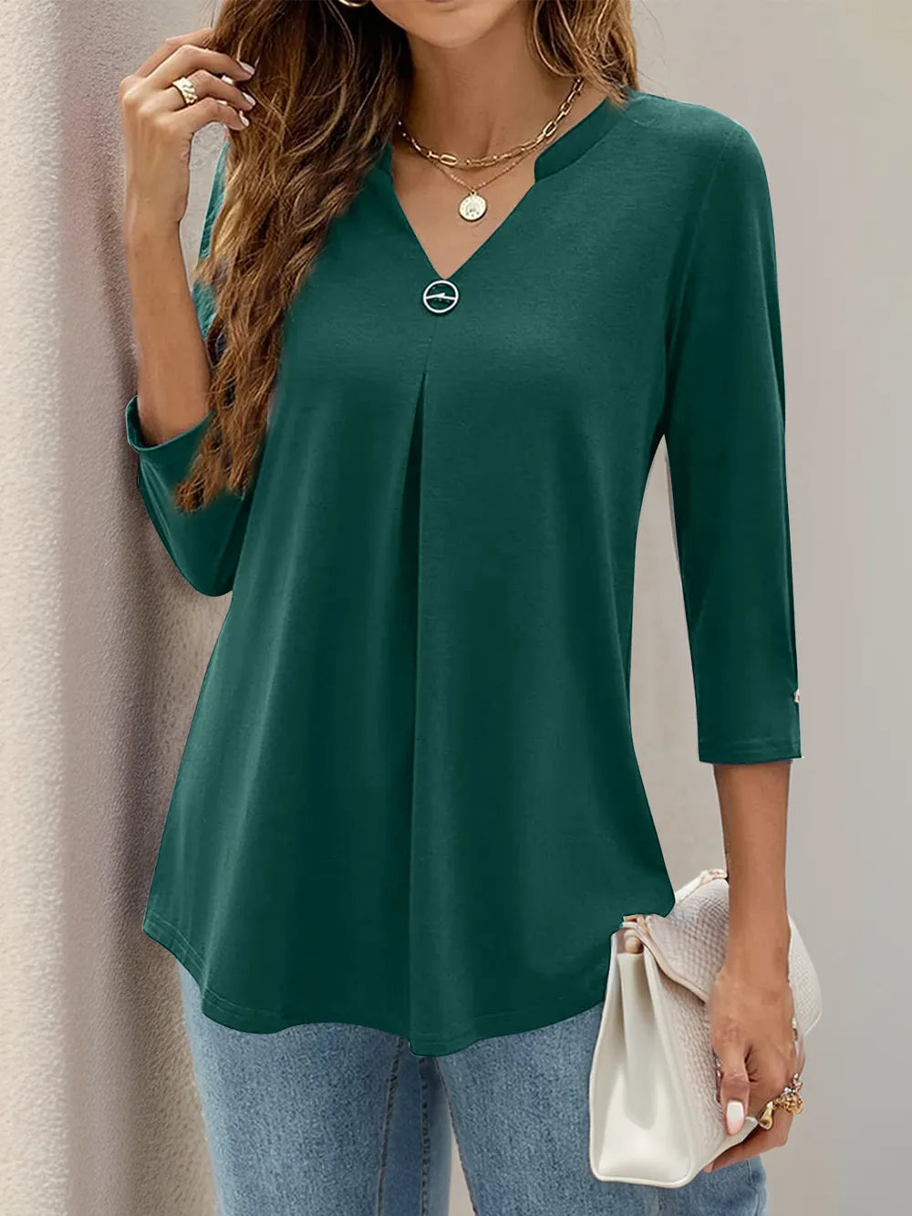 Notched Three-Quarter Sleeve T-Shirt – Trendsi | ClozArt