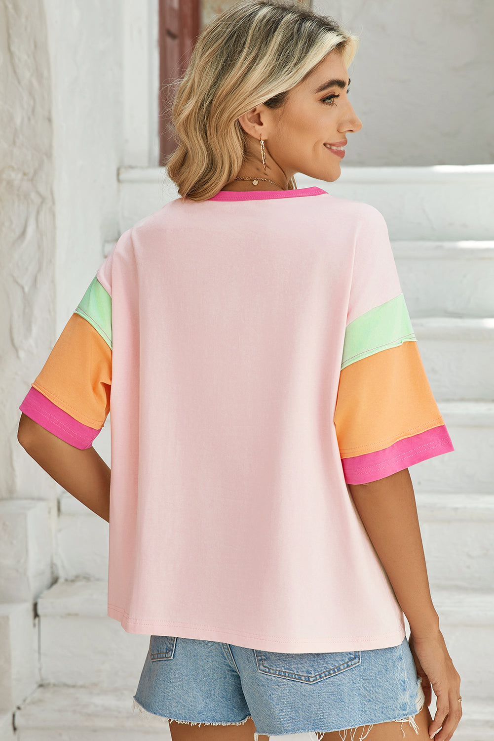 Pink Color Block Sleeve Round Neck Oversize Top – Shewin | ClozArt