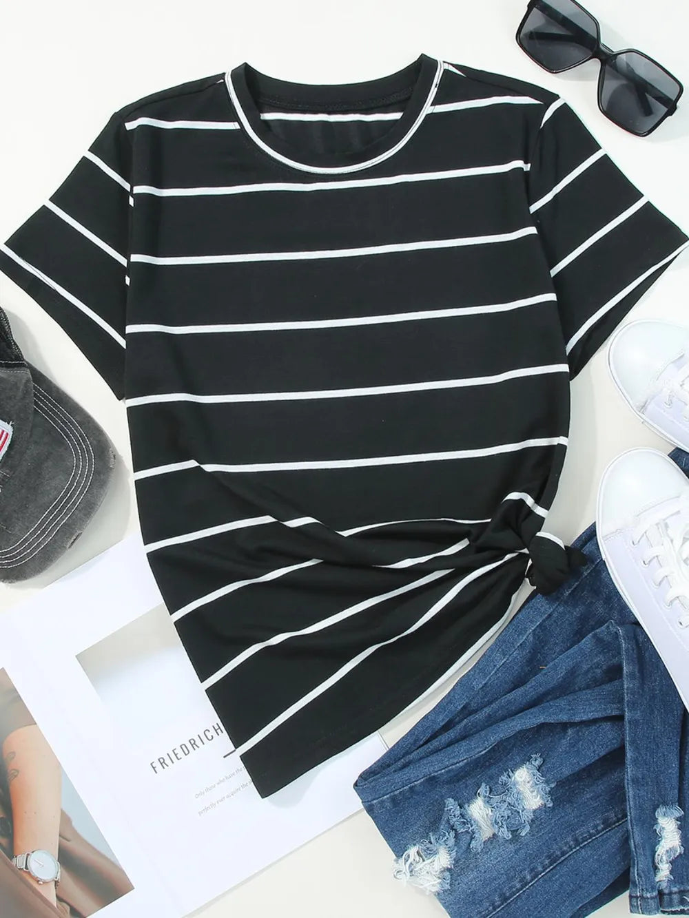 Striped Round Neck Short Sleeve T-Shirt – Trendsi | ClozArt