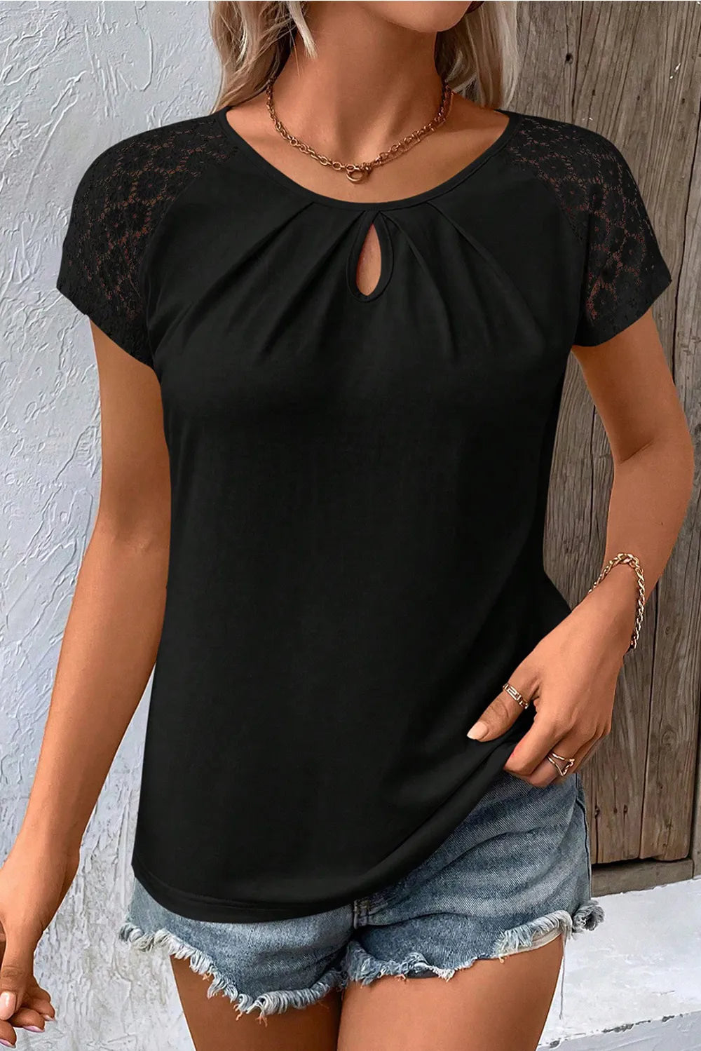 Cutout Round Neck Lace Short Sleeve T-Shirt – Trendsi | ClozArt