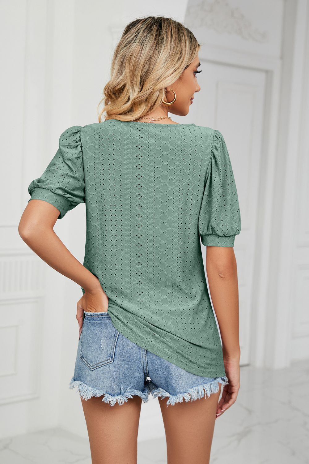 Eyelet Puff Sleeve Round Neck Top – Trendsi | ClozArt