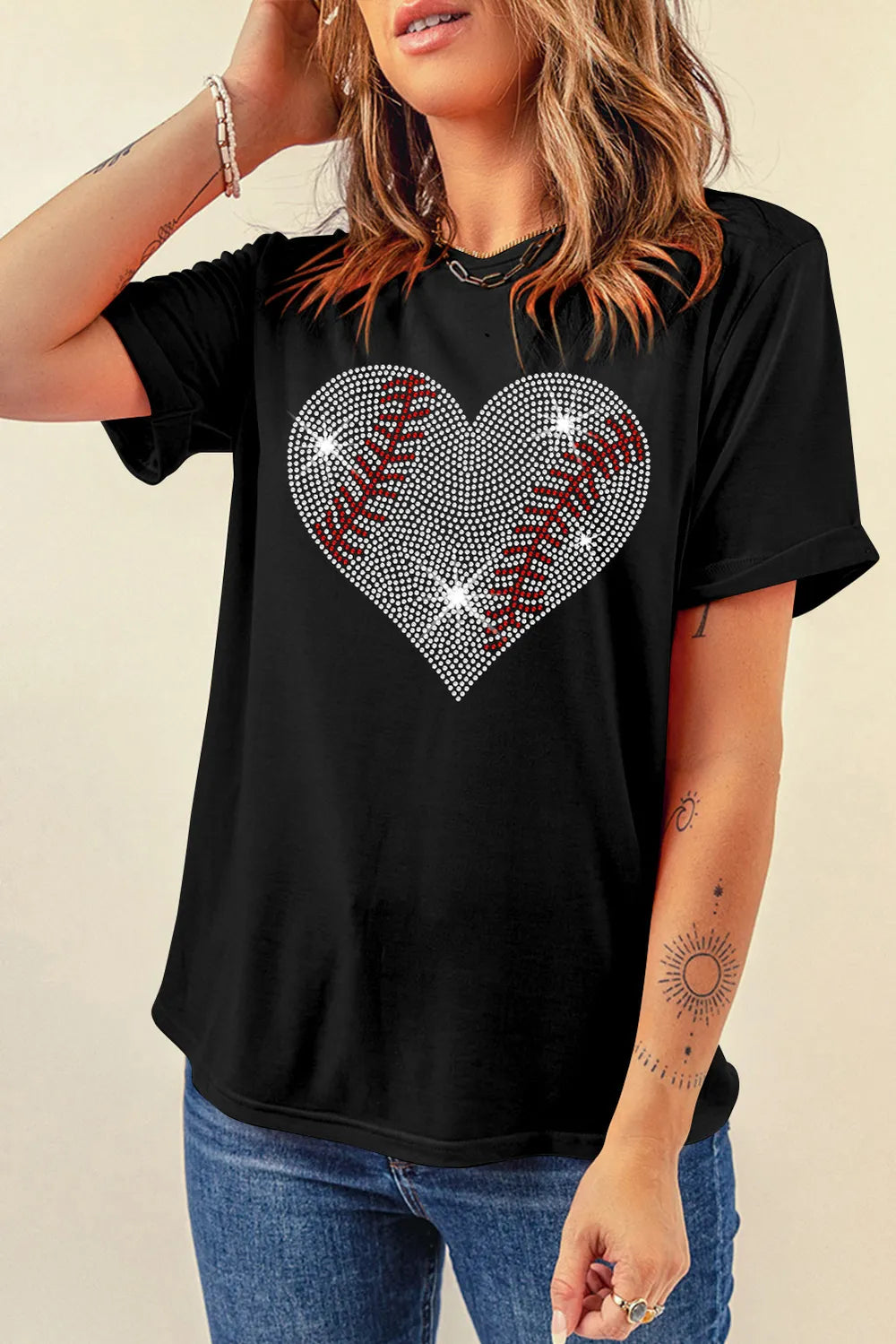Rhinestone Heart Round Neck Short Sleeve T-Shirt – Trendsi | ClozArt