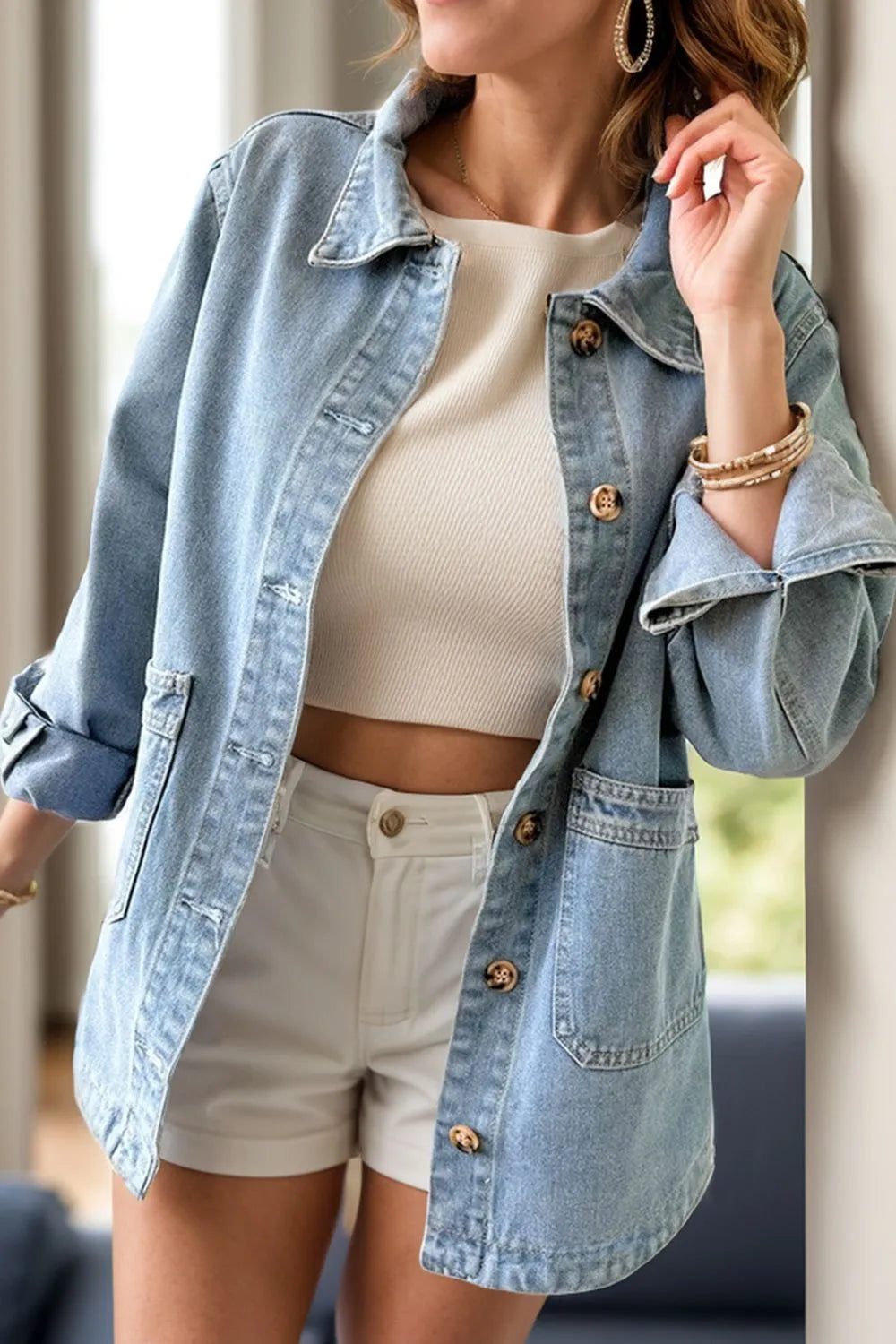 Pocketed Button Up Long Sleeve Denim Jacket – Trendsi | ClozArt