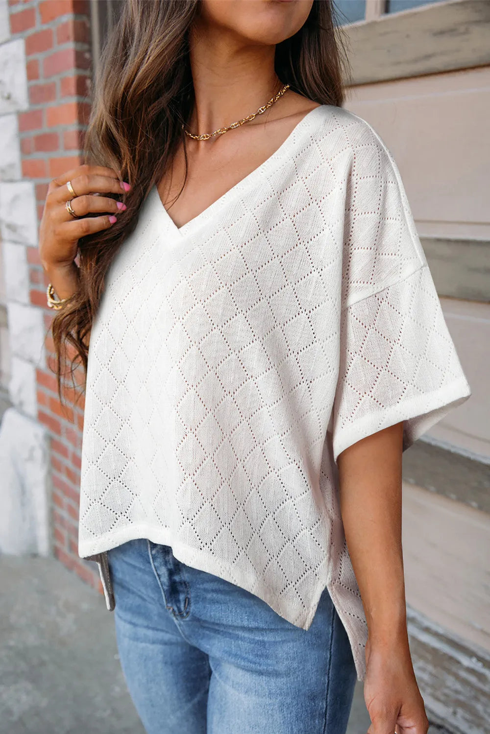 Eyelet V-Neck Dropped Shoulder T-Shirt – Trendsi | ClozArt
