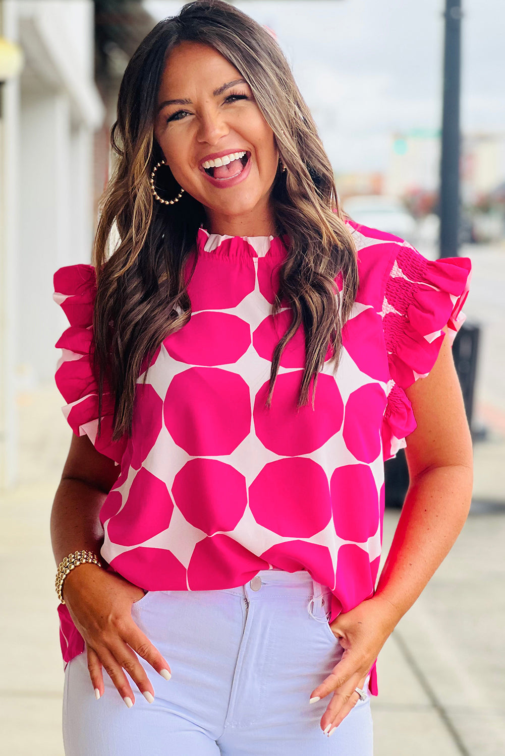 Rose Polka Dot Pattern Frill Neck Flutter Sleeve Top – Shewin | ClozArt