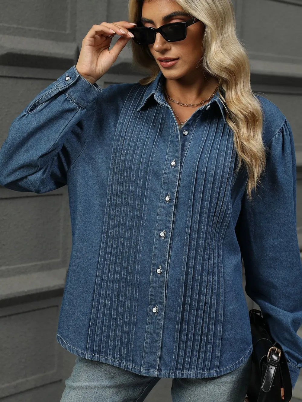 Button Down Collared Neck Long Sleeve Denim Top – Trendsi | ClozArt