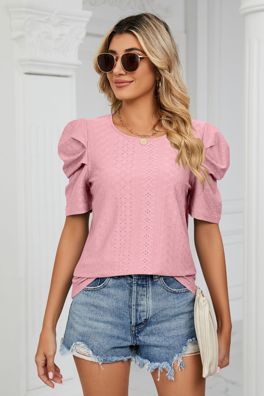 Eyelet Puff Sleeve Round Neck Blouse – Trendsi | ClozArt