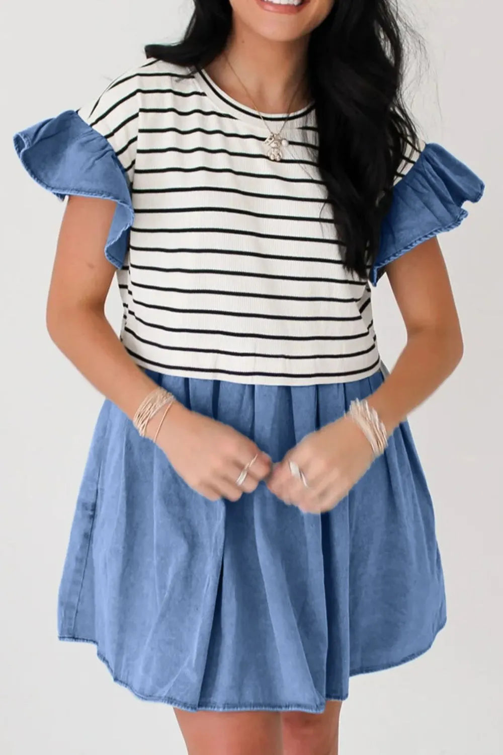 Stripe Ruffle Denim Patchwork Round Neck Mini Dress – Trendsi | ClozArt
