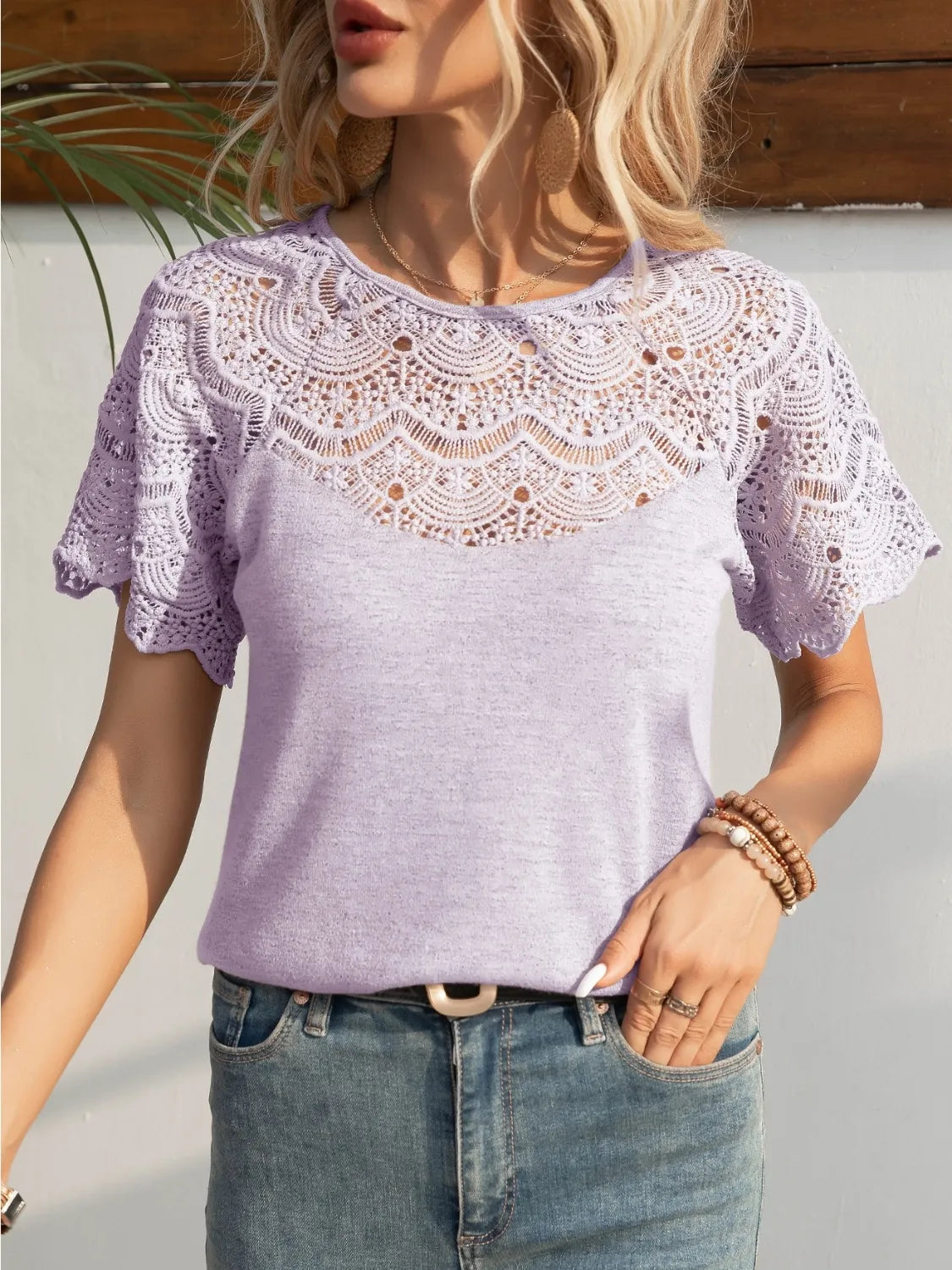 Round Neck Short Sleeve Crochet Top – Trendsi | ClozArt