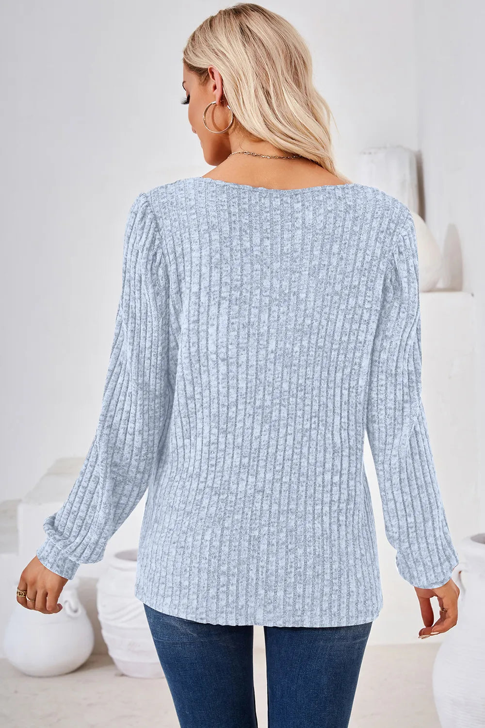 Ribbed Square Neck Long Sleeve T-Shirt – Trendsi | ClozArt