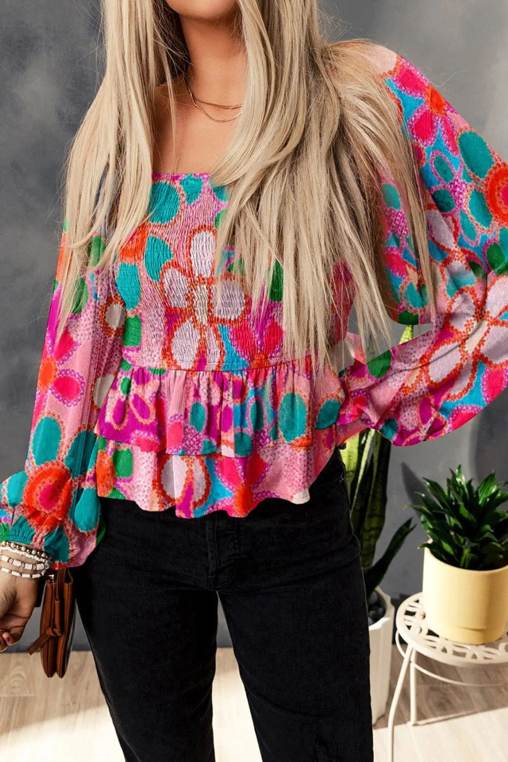 Floral Smocked Ruffled Balloon Sleeve Blouse – Trendsi | ClozArt