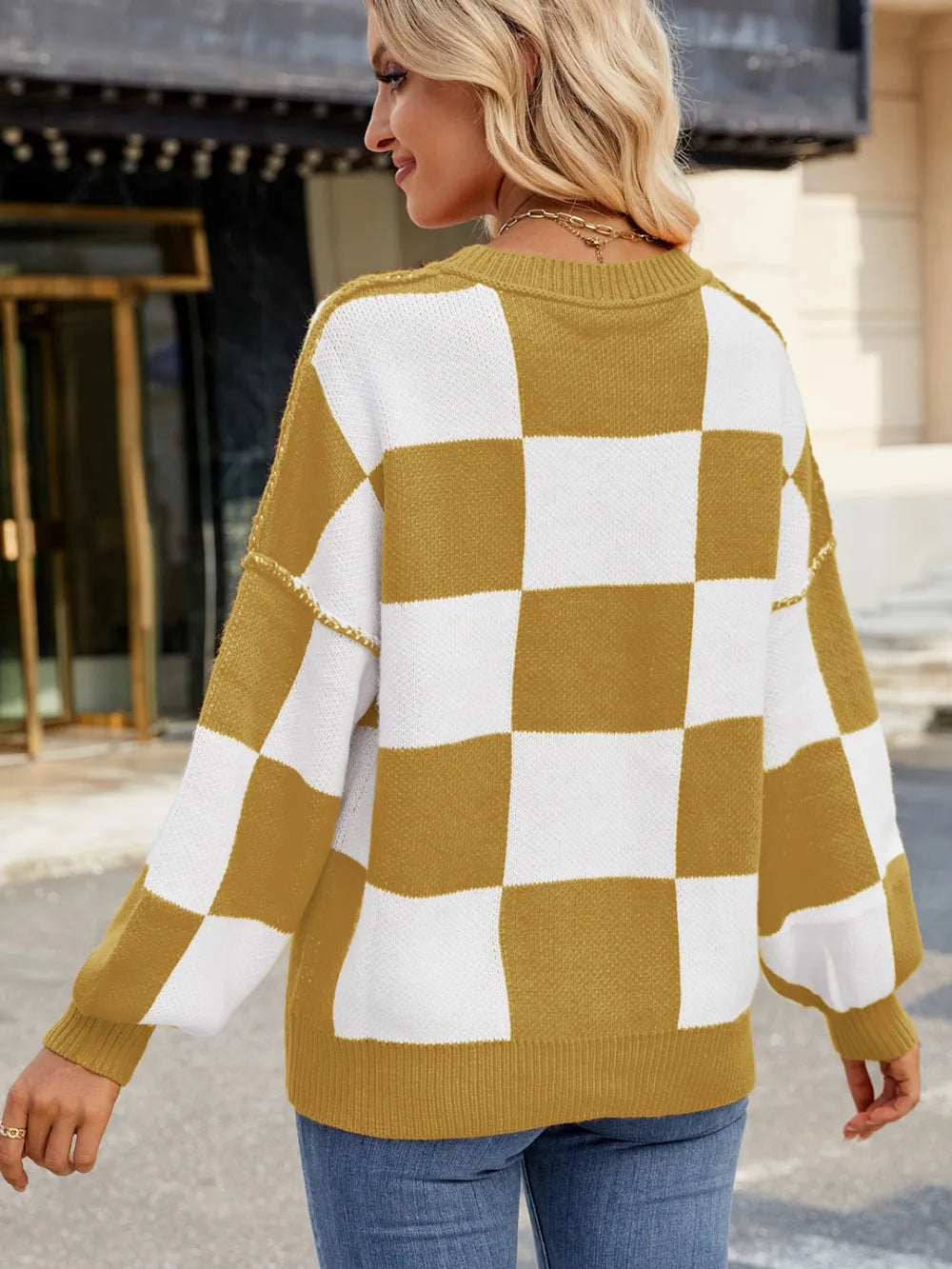 Checkered Round Neck Long Sleeve Sweater – Trendsi | ClozArt