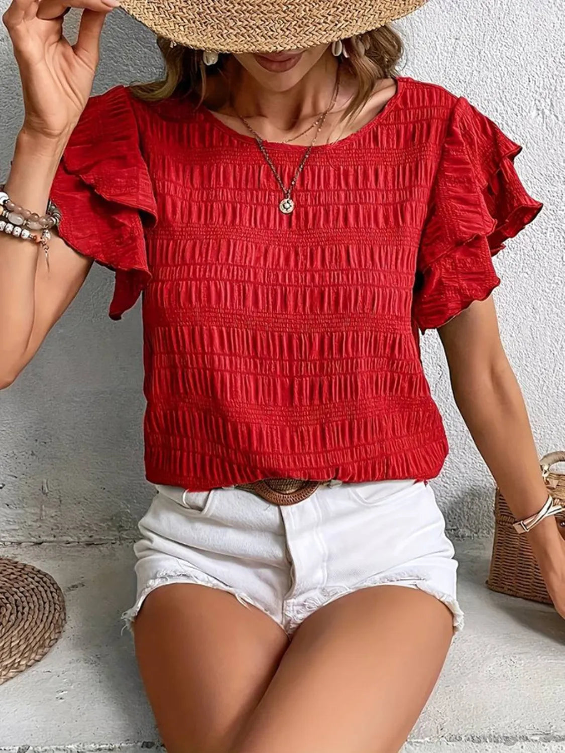 Round Neck Ruffled Short Sleeve Top – Trendsi | ClozArt