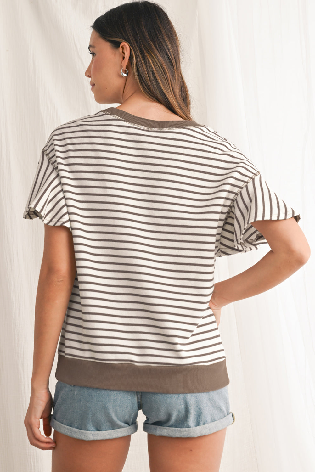 Sachet Pink Striped Ruffle Sleeve Round Neck Top – Shewin | ClozArt