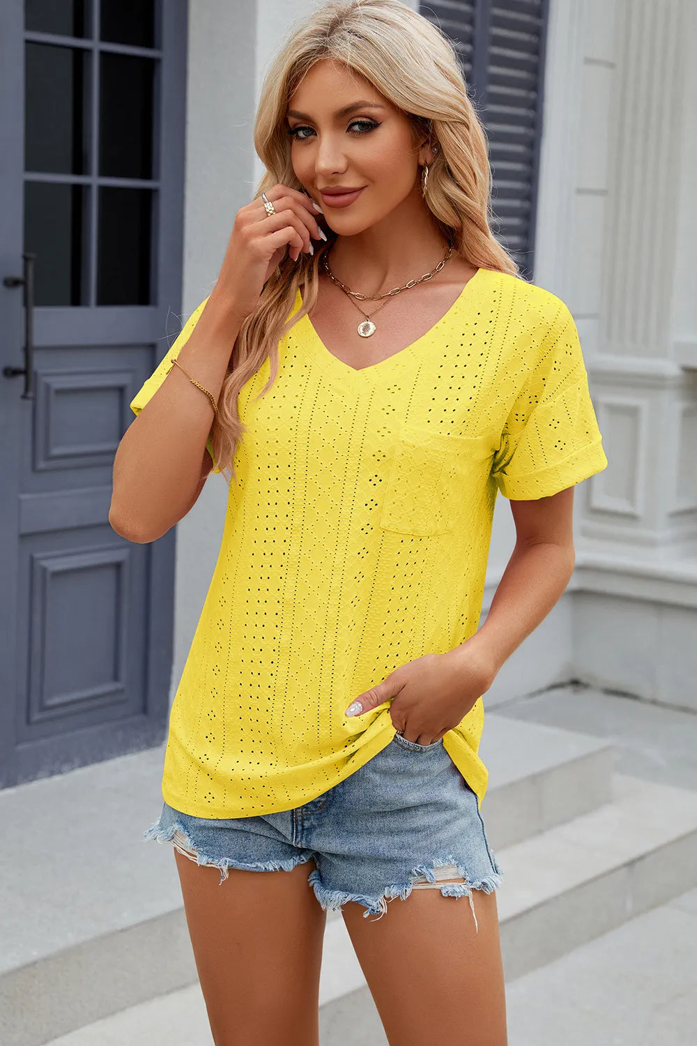 Eyelet V-Neck Short Sleeve T-Shirt – Trendsi | ClozArt