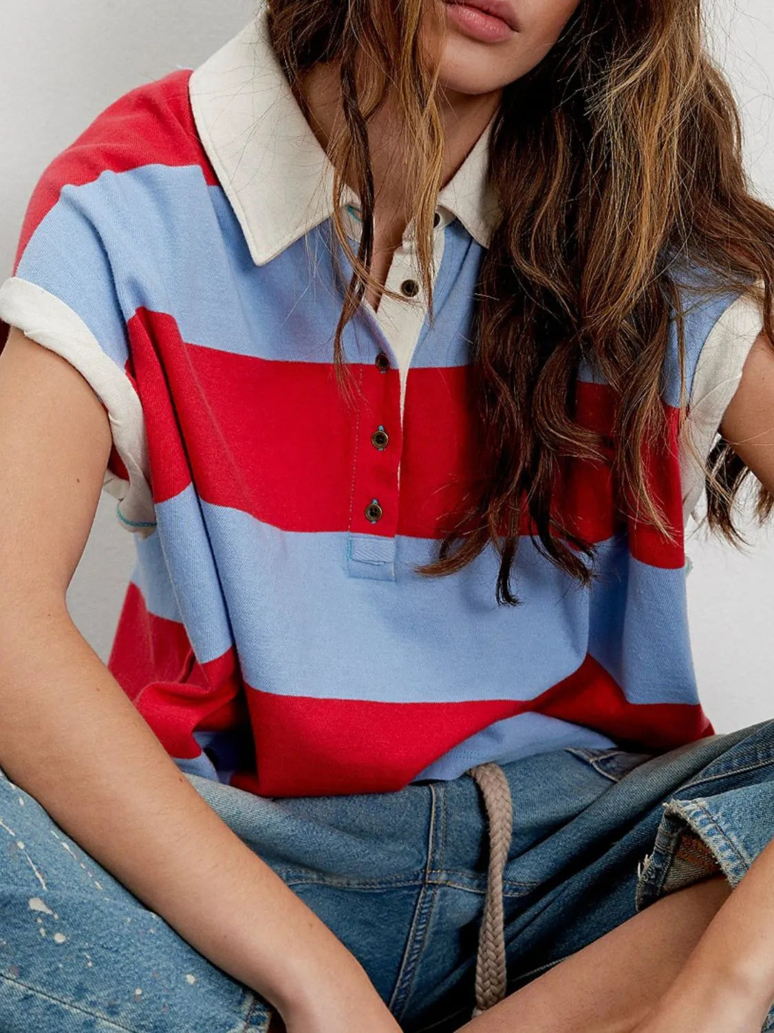 Striped Collared Neck Short Sleeve Top – Trendsi | ClozArt
