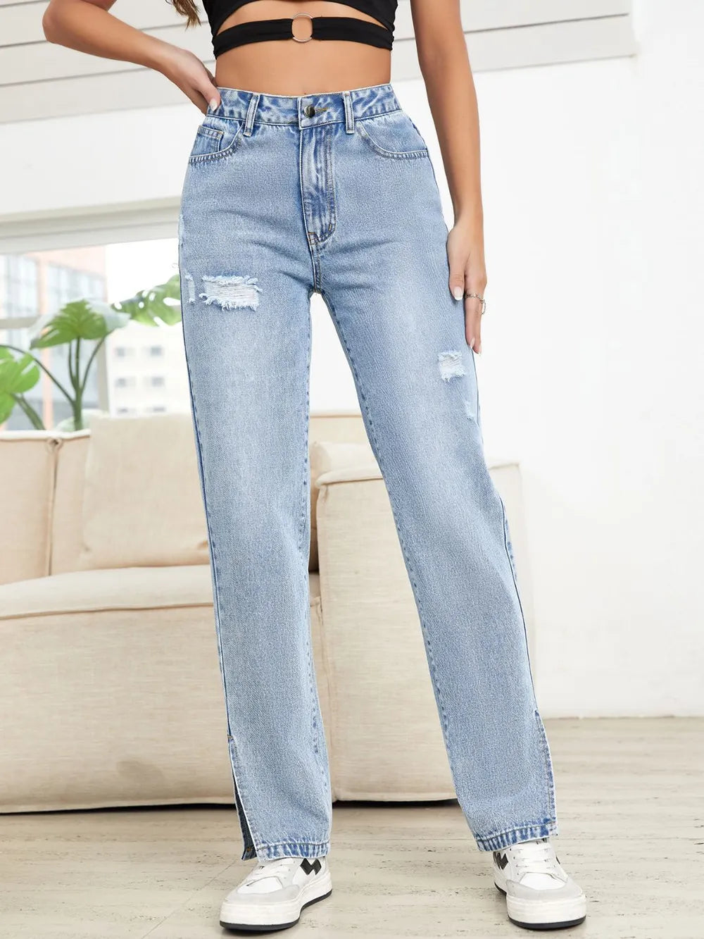 Distressed Slit Straight Leg Jeans – Trendsi | ClozArt