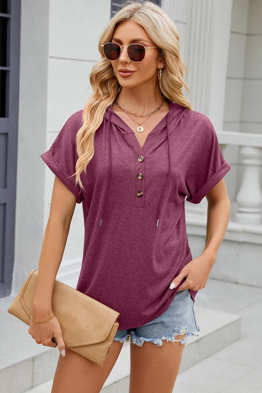 Half Button Drawstring Short Sleeve Hooded T-Shirt – Trendsi | ClozArt