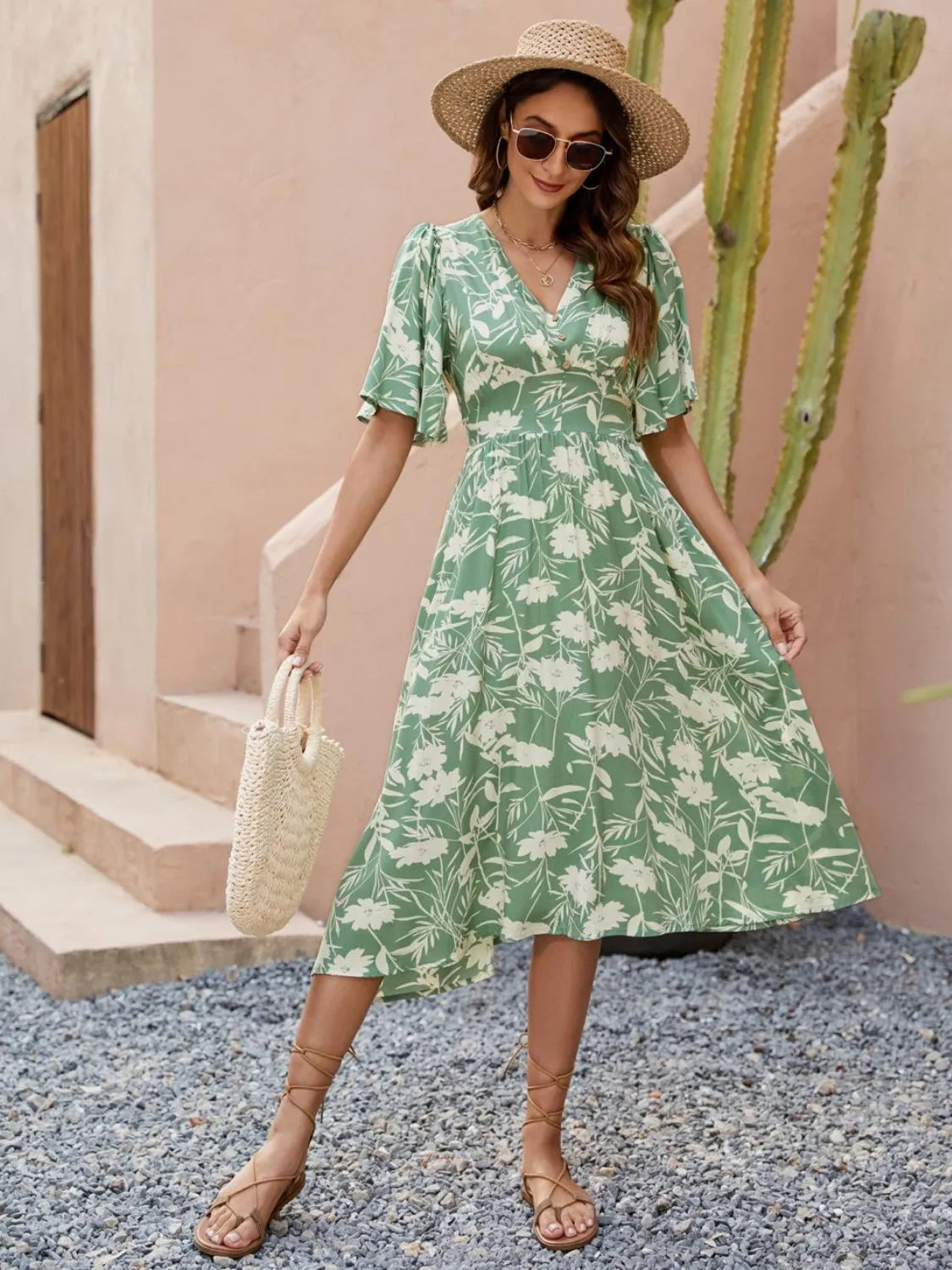 Printed V-Neck Flutter Sleeve Dress – Trendsi | ClozArt