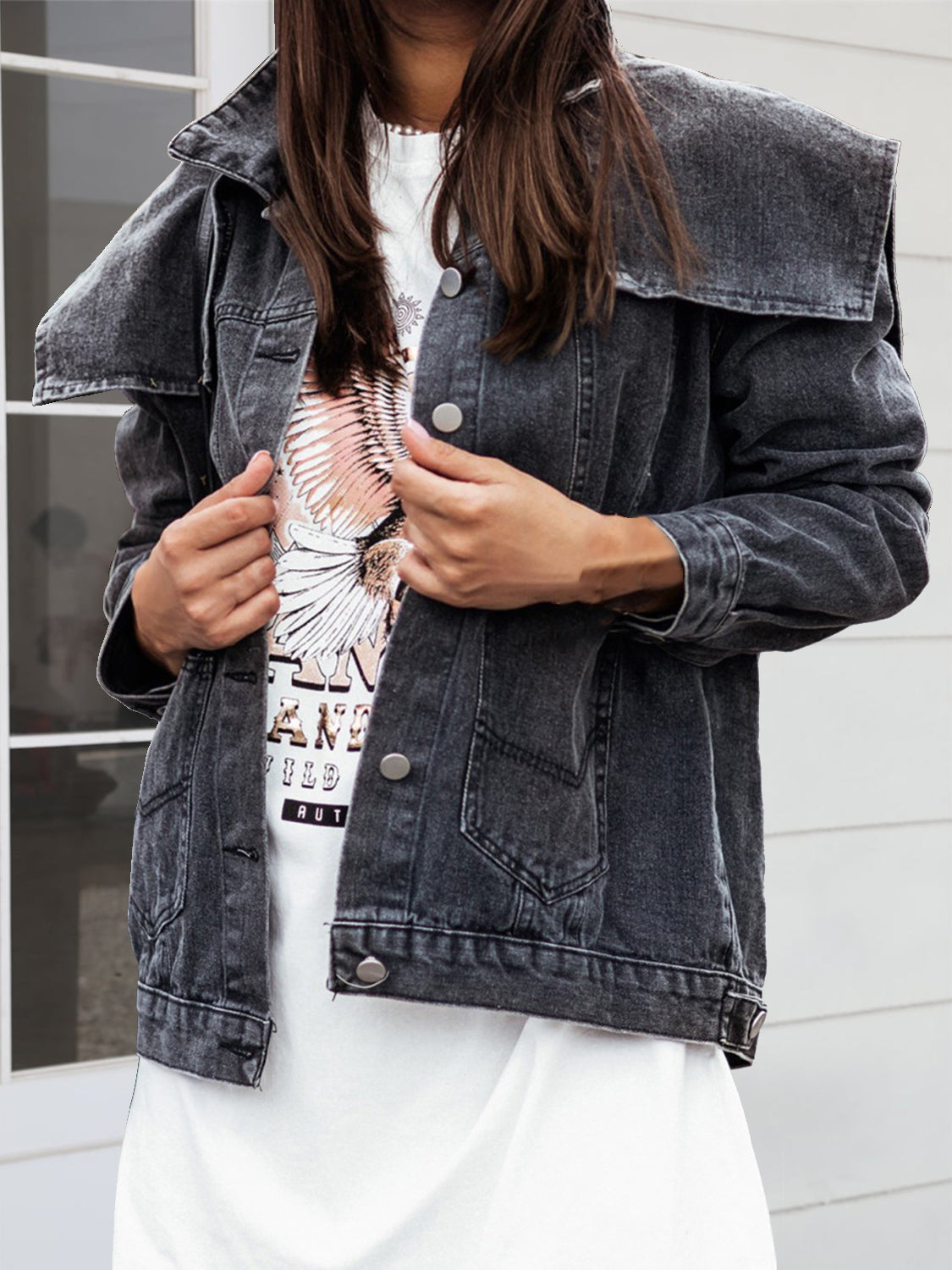 Collared Neck Button Down Denim Jacket – Trendsi | ClozArt