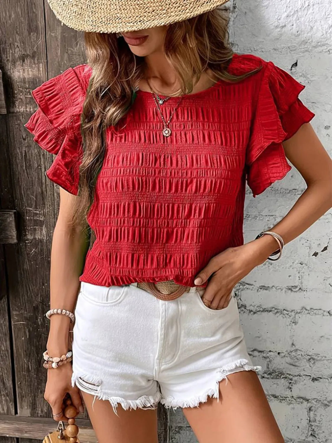 Round Neck Ruffled Short Sleeve Top – Trendsi | ClozArt