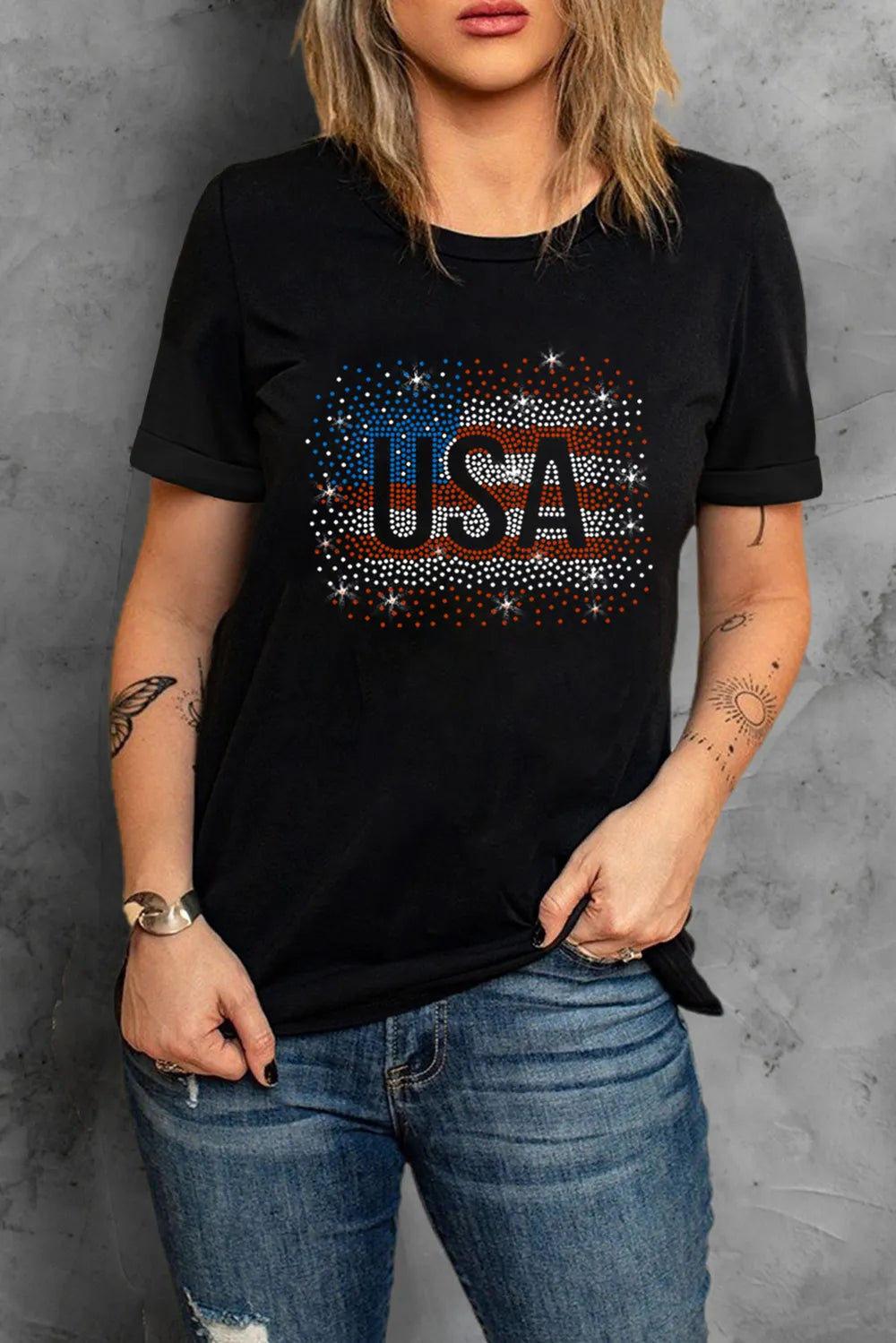 USA Rhinestone Round Neck Short Sleeve T-Shirt – Trendsi | ClozArt