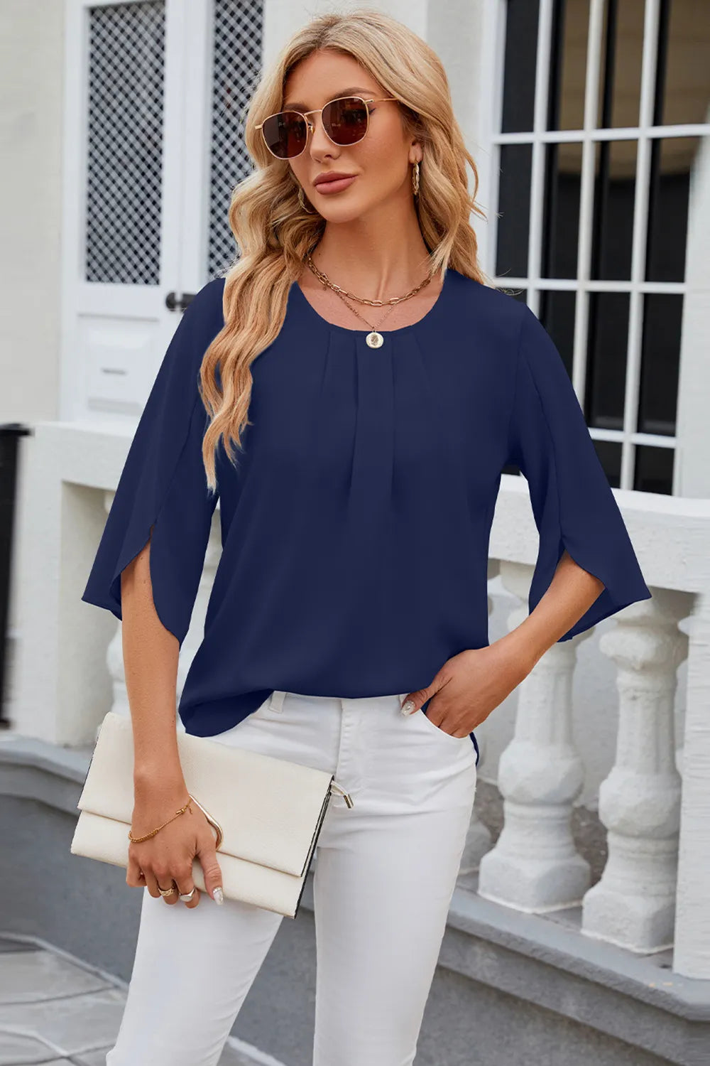 Round Neck Slit Half Sleeve Top – Trendsi | ClozArt