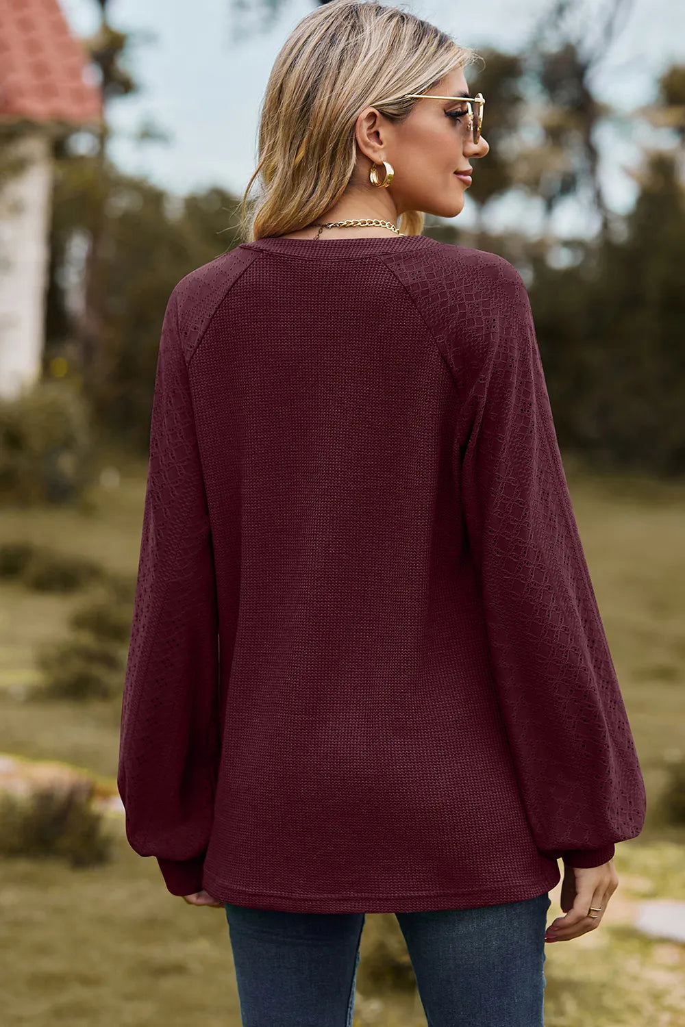 Eyelet Notched Raglan Sleeve T-Shirt – Trendsi | ClozArt