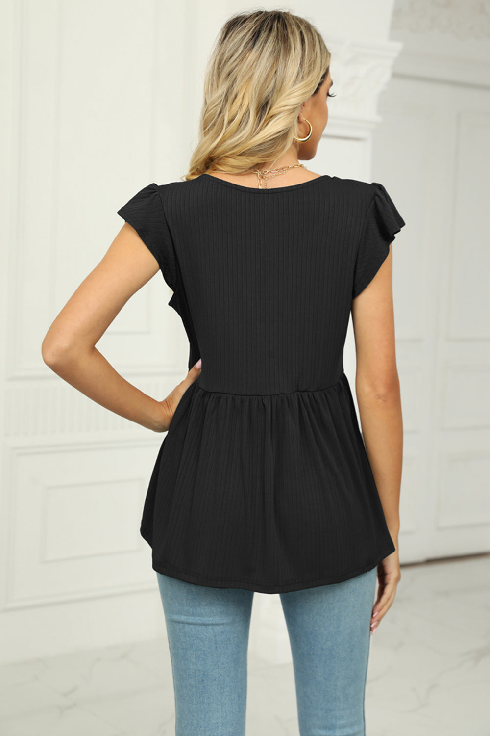 V-Neck Flutter Sleeve Babydoll Blouse – Trendsi | ClozArt