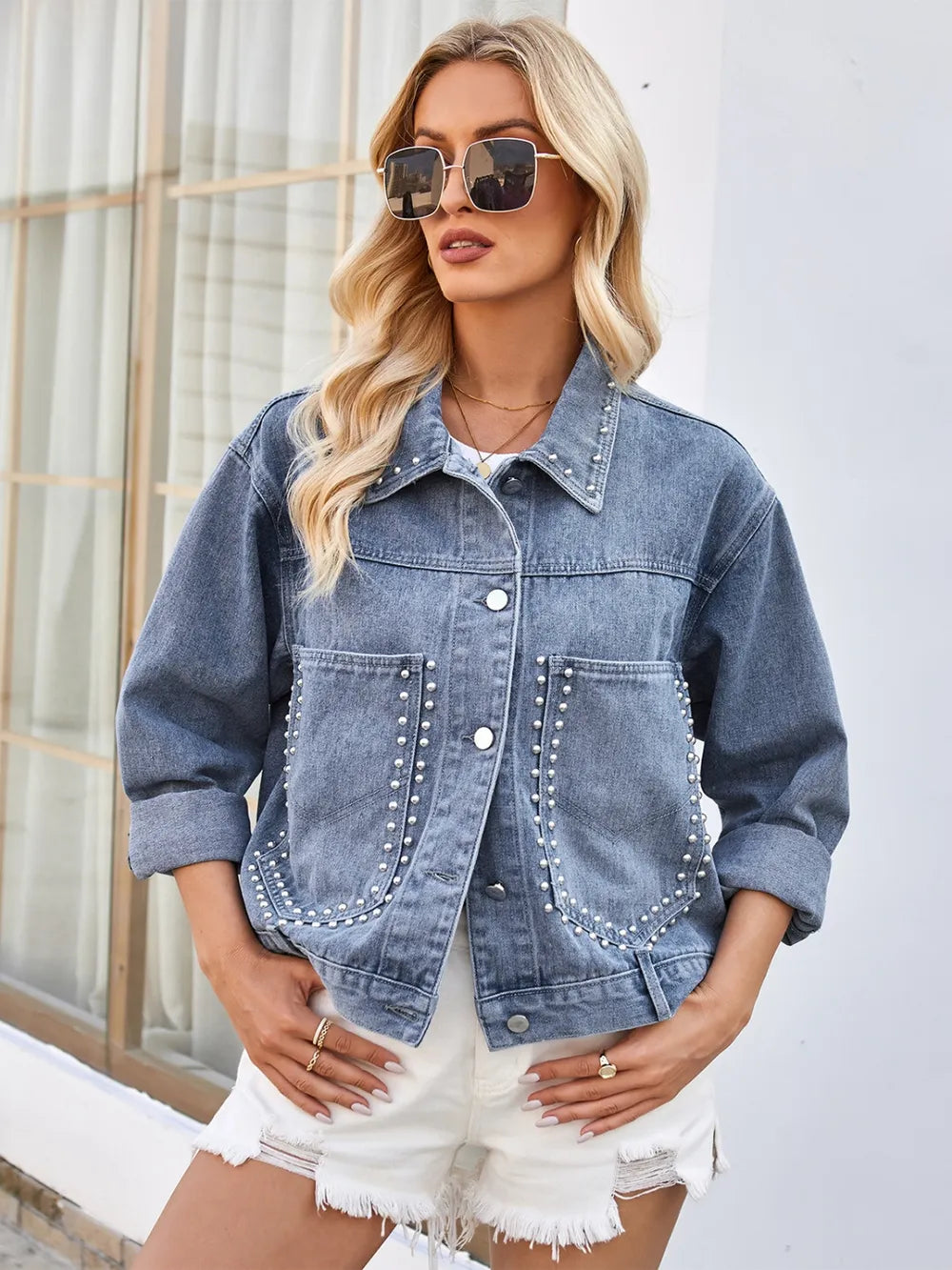 Studded Long Sleeve Denim Jacket – Trendsi | ClozArt