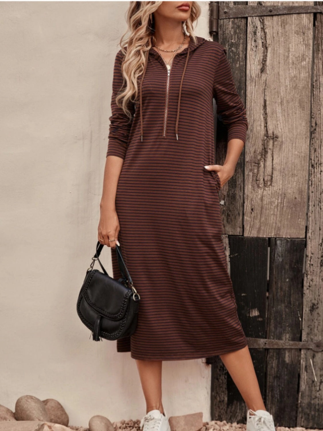 Striped Zip Front Hooded Dress – Trendsi | ClozArt